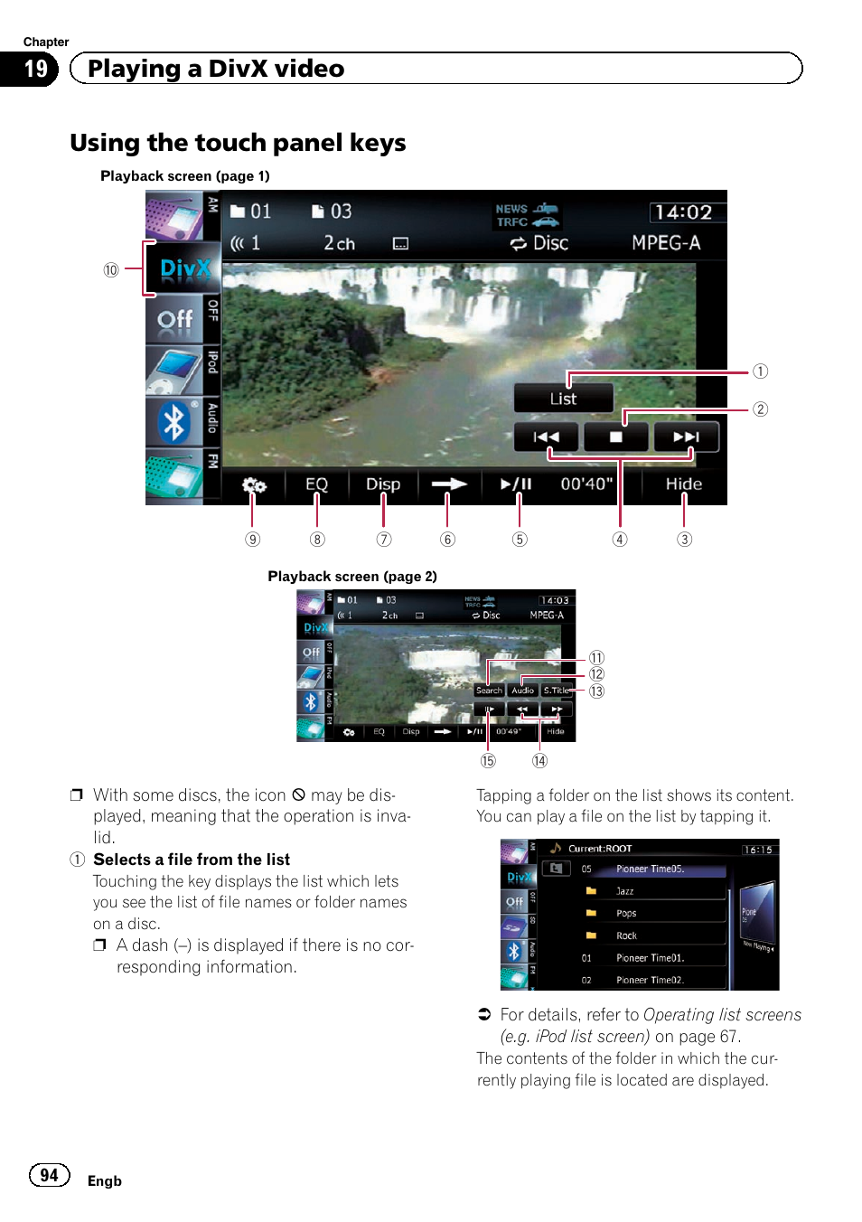 Using the touch panel keys, Using the touch panel, 19 playing a divx video | Pioneer AVIC-F9220BT User Manual | Page 94 / 200