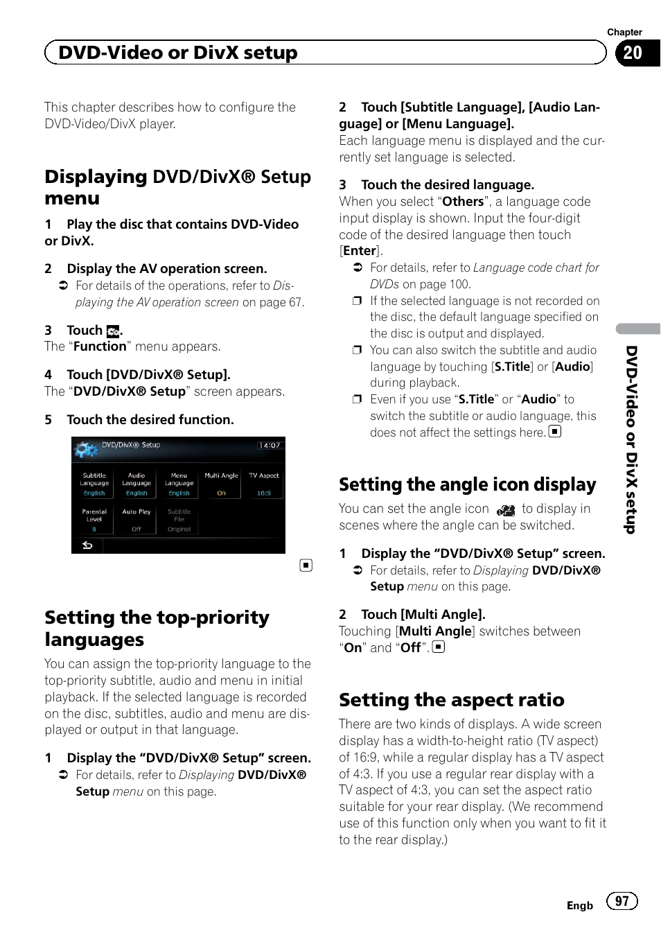 Setting the top-priority languages, Setting the angle icon display, Setting the aspect ratio | Setting the angle icon, Displaying dvd/divx® setup menu, Dvd-video or divx setup | Pioneer AVIC-F9220BT User Manual | Page 97 / 200
