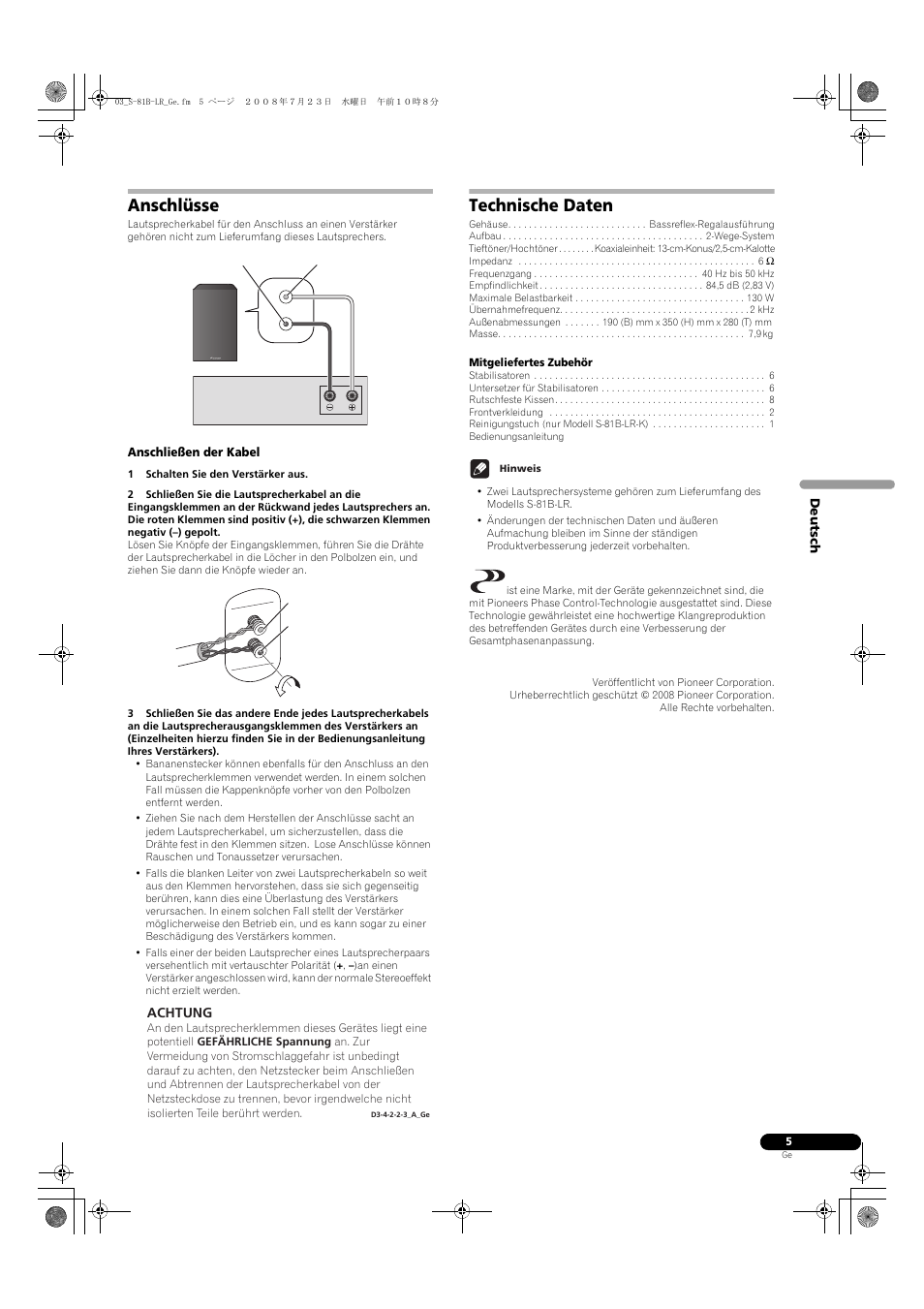Anschlüsse, Technische daten | Pioneer S-81B-LR-QL User Manual | Page 13 / 54