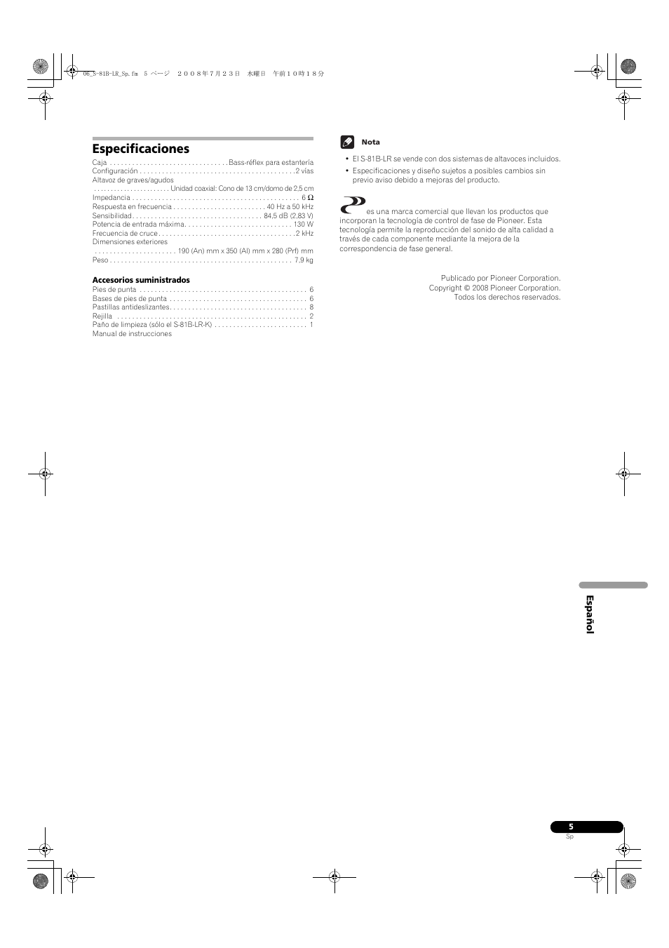 Especificaciones | Pioneer S-81B-LR-QL User Manual | Page 25 / 54
