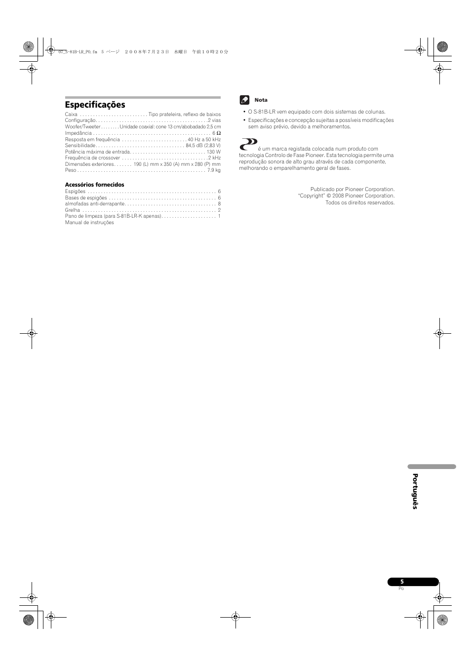 Especificações | Pioneer S-81B-LR-QL User Manual | Page 29 / 54
