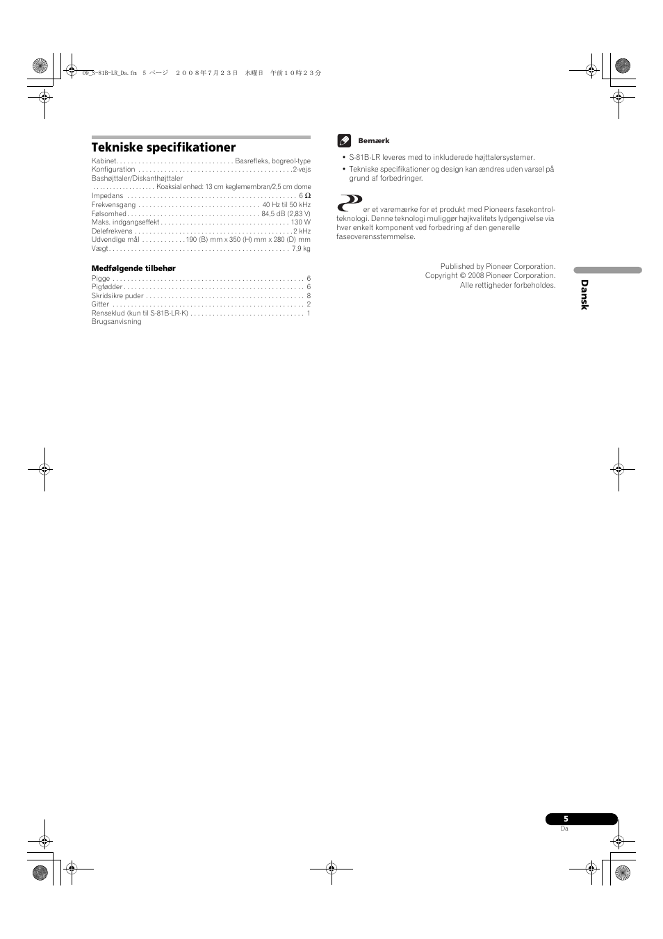 Tekniske specifikationer | Pioneer S-81B-LR-QL User Manual | Page 37 / 54