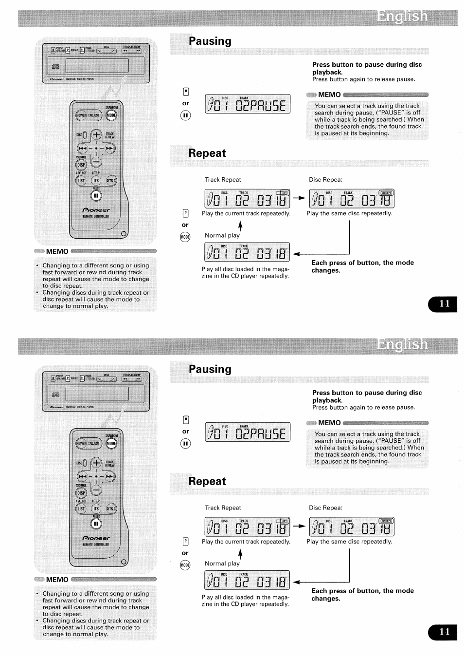 Pausing, Press button to pause during disc playback, Memo | Repeat, Li memo, Each press of button, the mode changes, I./u i, Ro i ifcj, Jn ( ro n: 3 <u, F ul ui]1 fo u'u 1 | Pioneer CDX-FM657 User Manual | Page 11 / 68