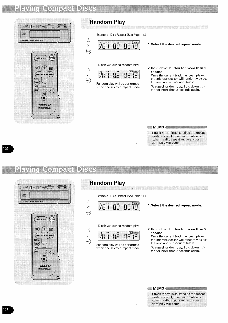 Random play, Uj f, Select the desired repeat mode | Hold down button for more than 2 second, Ii memo, Ii memo i, H3 ib, 03 ib, I/u f, Hd ul 1 | Pioneer CDX-FM657 User Manual | Page 12 / 68
