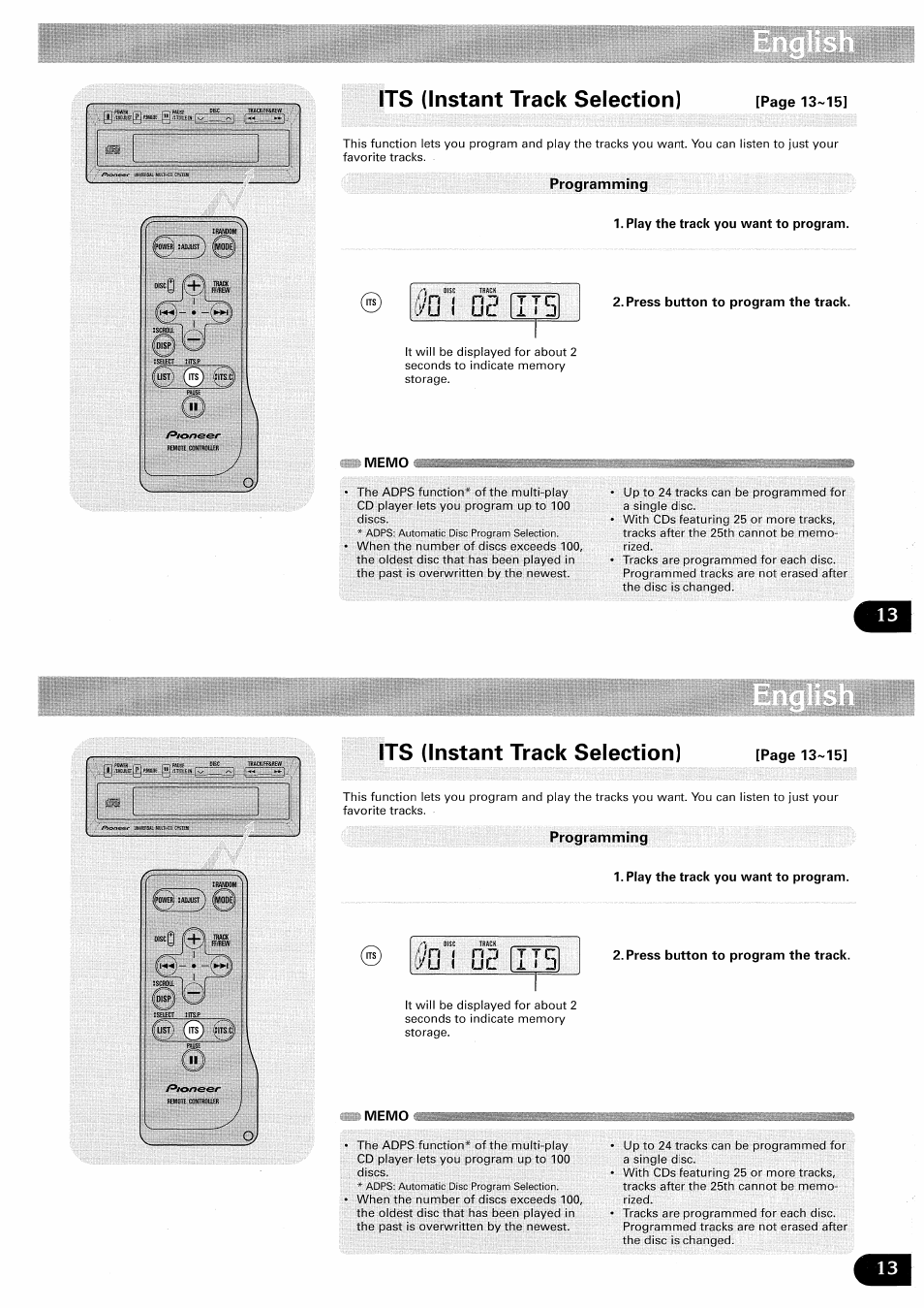 Its (instant track selection), Play the track you want to program, Memo | Press button to program the track, Its (instant track selection) -15 | Pioneer CDX-FM657 User Manual | Page 13 / 68