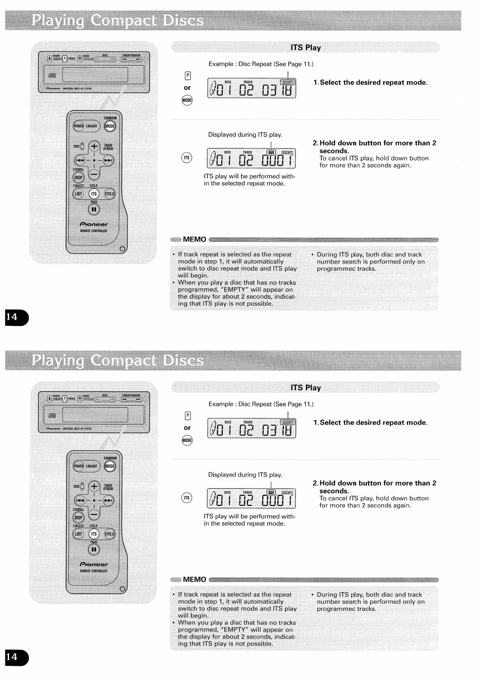 Its play, Jd 10, Select the desired repeat mode | Ul üuu i, Hold down button for more than 2 seconds, Memo, Jhio, Hd nnn r, Jn i | Pioneer CDX-FM657 User Manual | Page 14 / 68