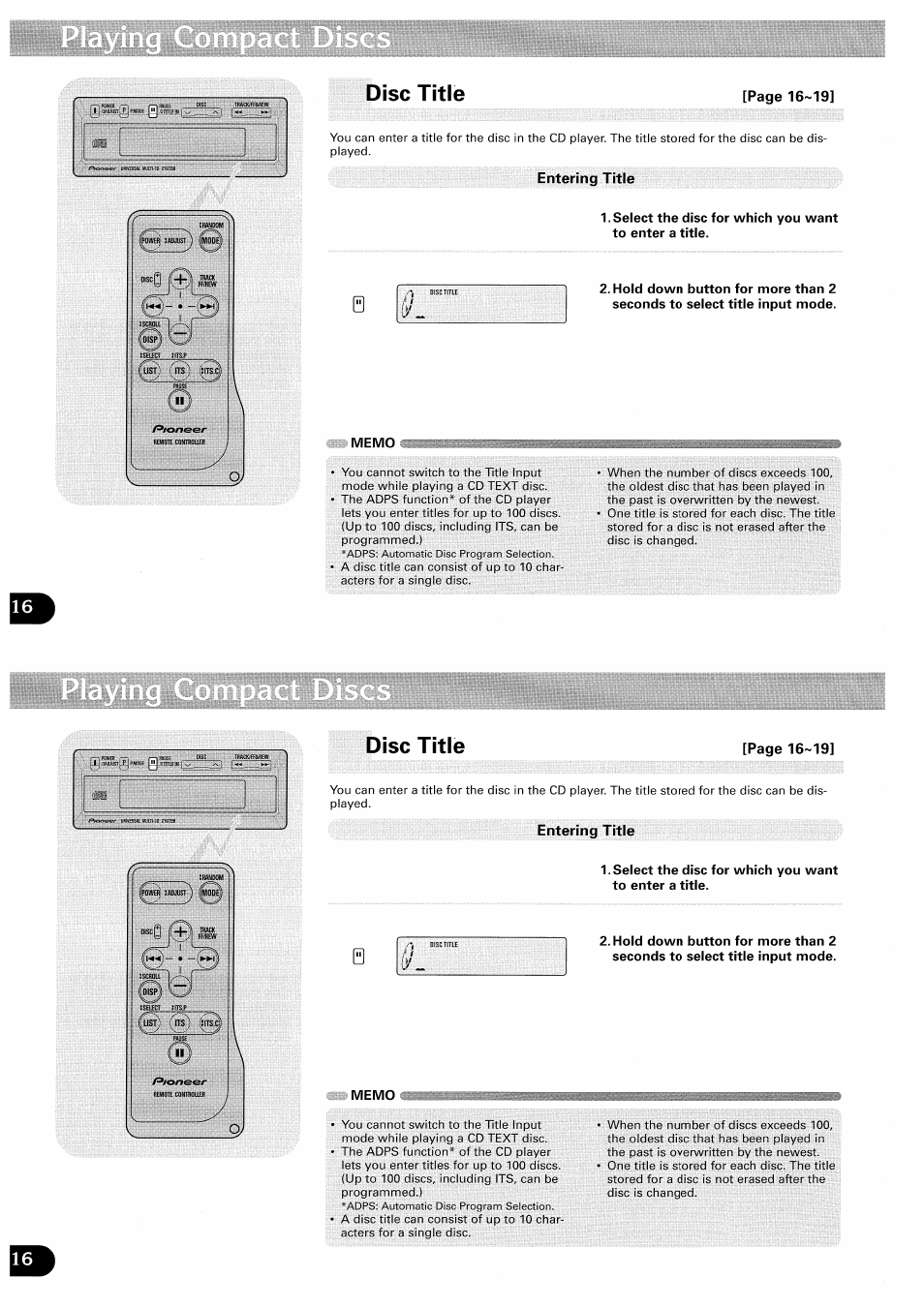 Disc title, Memo, Disc title -19 | Pioneer CDX-FM657 User Manual | Page 16 / 68