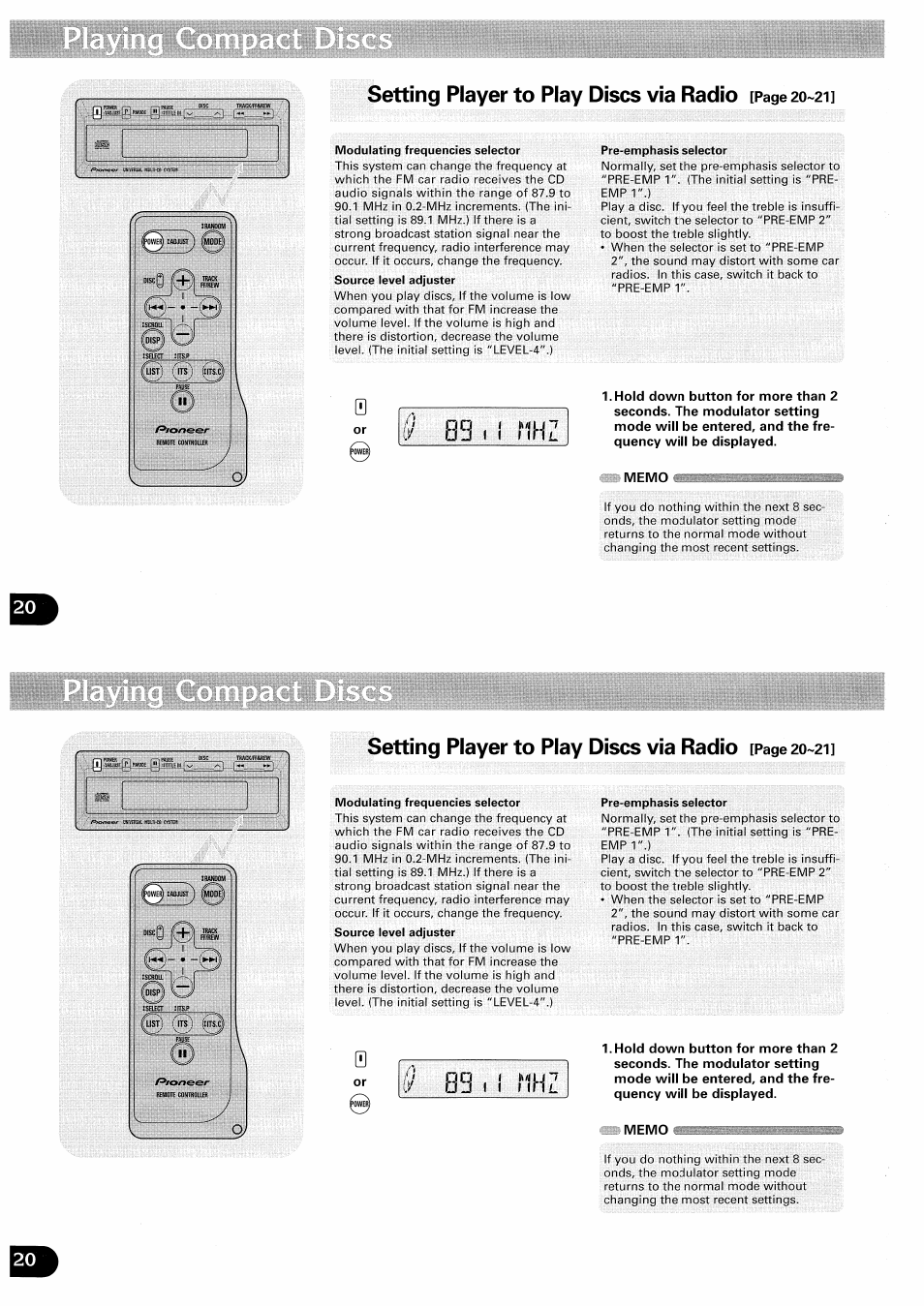 I iwlu^ ( ( i fhl, Setting player to play discs via radio -21, Setting player to play discs via radio | Pioneer CDX-FM657 User Manual | Page 20 / 68