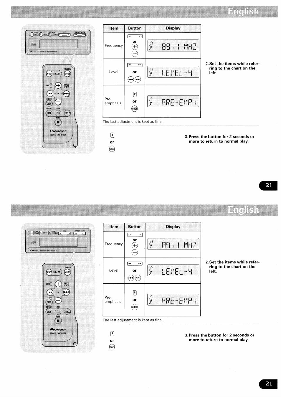 P o 1 •''iu'7, 1 1 m f l l, Lel'el-m | Pre-ehp 1 | Pioneer CDX-FM657 User Manual | Page 21 / 68