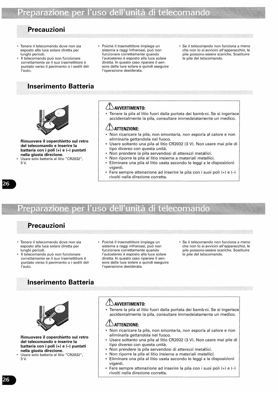 Precauzioni, Inserimento batteria, Avvertimento | Attenzione | Pioneer CDX-FM657 User Manual | Page 26 / 68