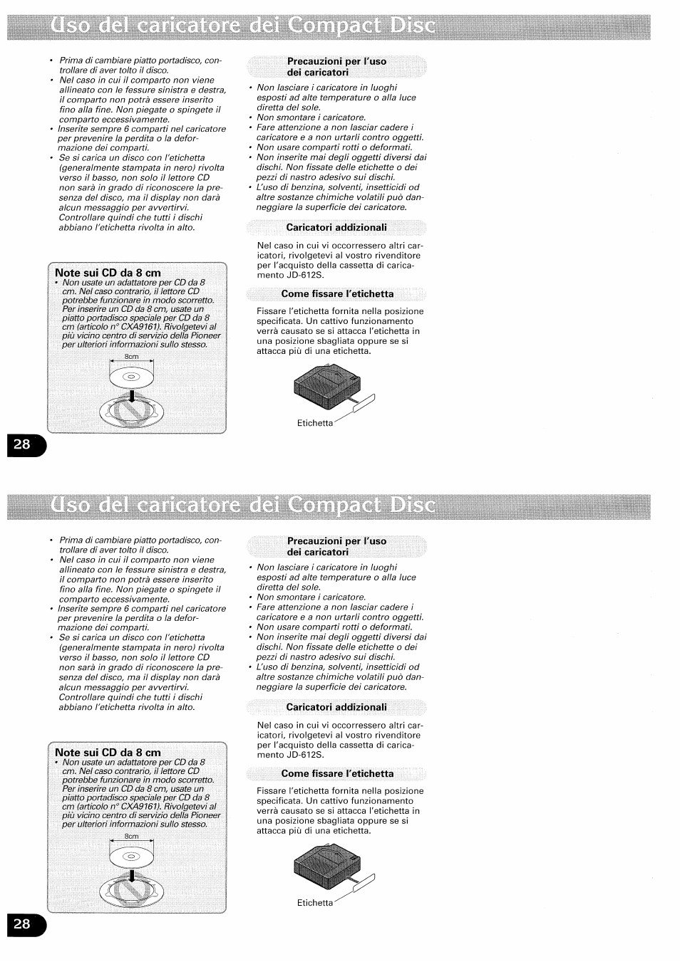 Precauzioni per l'uso dei caricatori, Caricatori addizionali, Come fissare tetichetta | Come fissare l'etichetta | Pioneer CDX-FM657 User Manual | Page 28 / 68