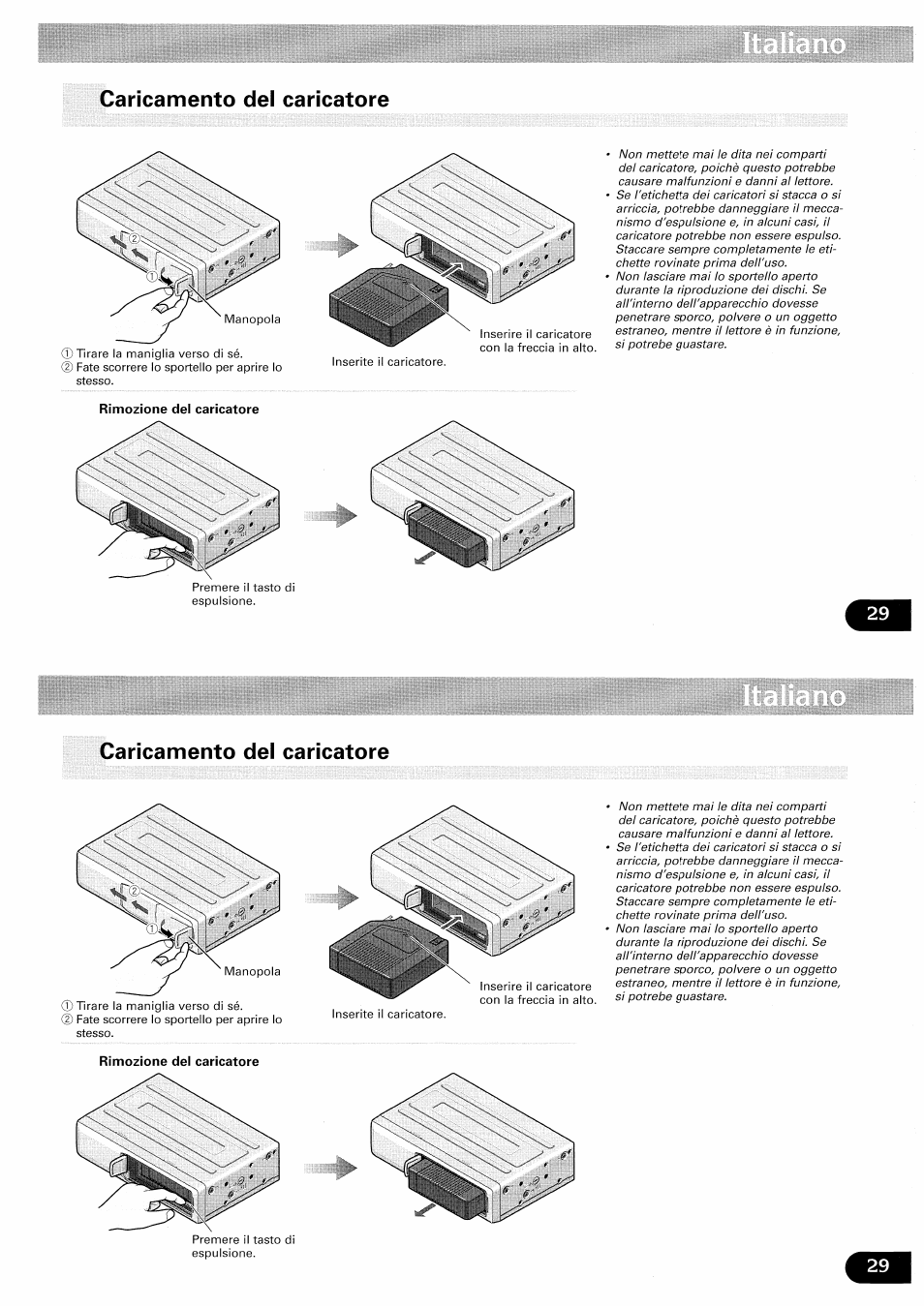 Caricamento del caricatore, Rimozione del caricatore | Pioneer CDX-FM657 User Manual | Page 29 / 68