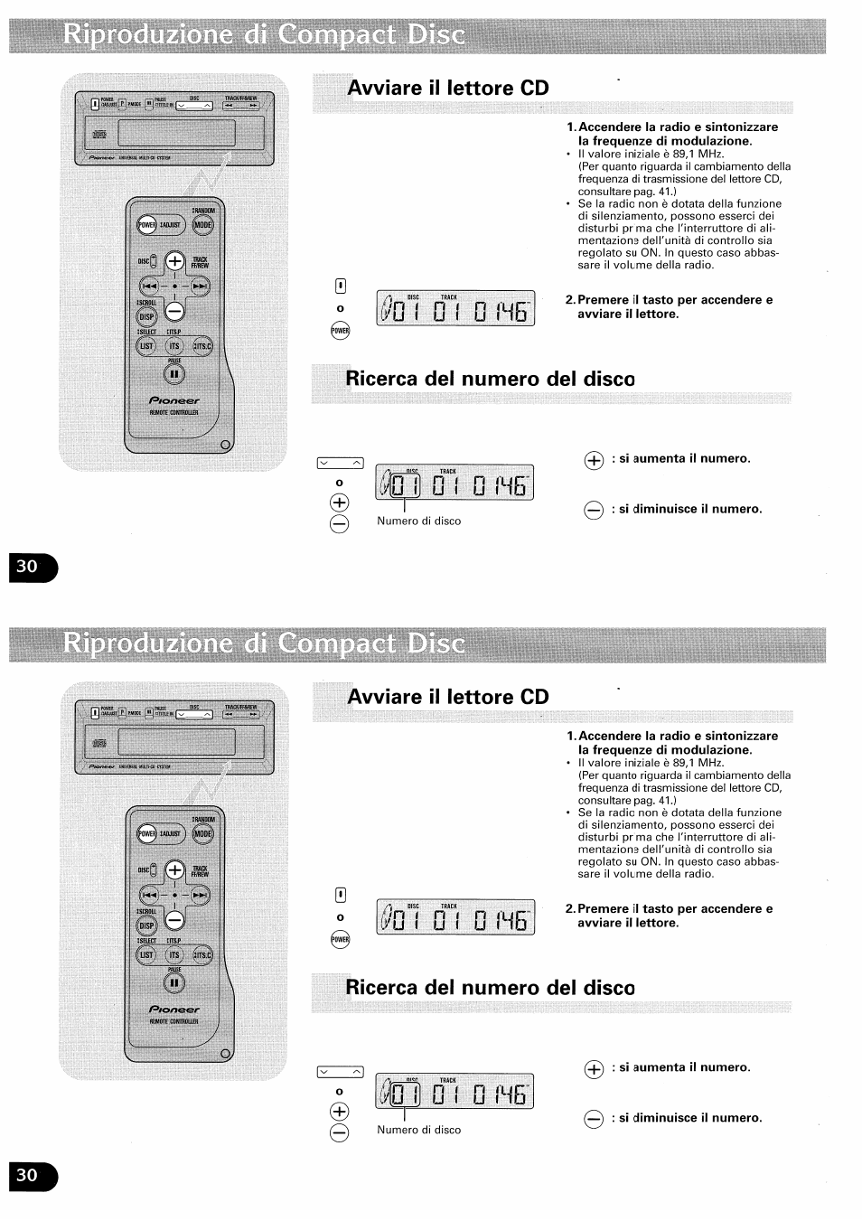 Avviare il lettore cd, Ricerca del numero del disco, Si aumenta il numero | Si diminuisce il numero | Pioneer CDX-FM657 User Manual | Page 30 / 68