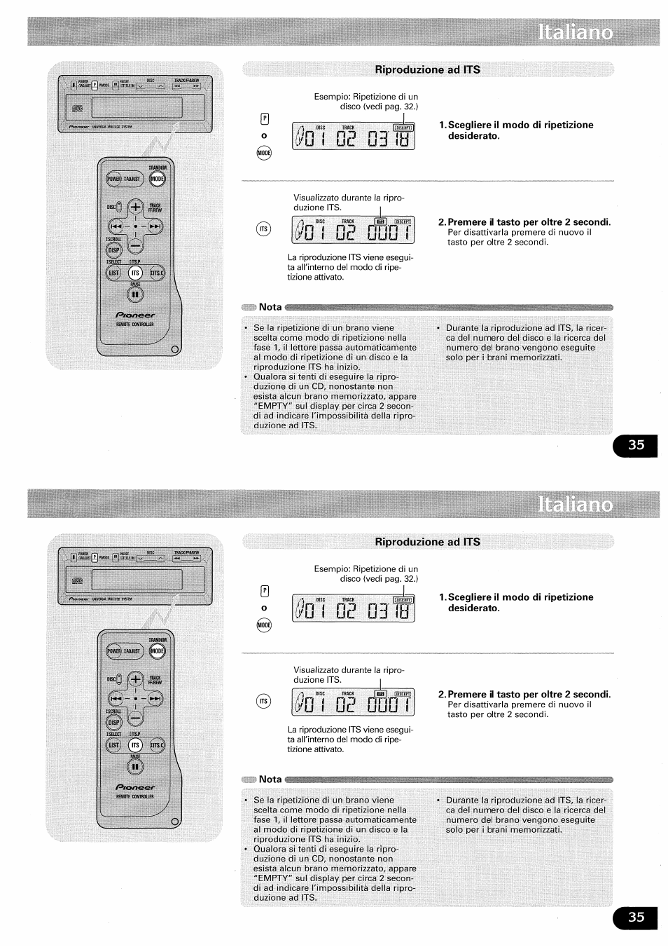 Scegliere il modo di ripetizione desiderato, Ufju i, Nota | Premere il tasto per oltre 2 secondi, Riproduzione ad its, Nnn r ufju i, Hd nz, J n i | Pioneer CDX-FM657 User Manual | Page 35 / 68