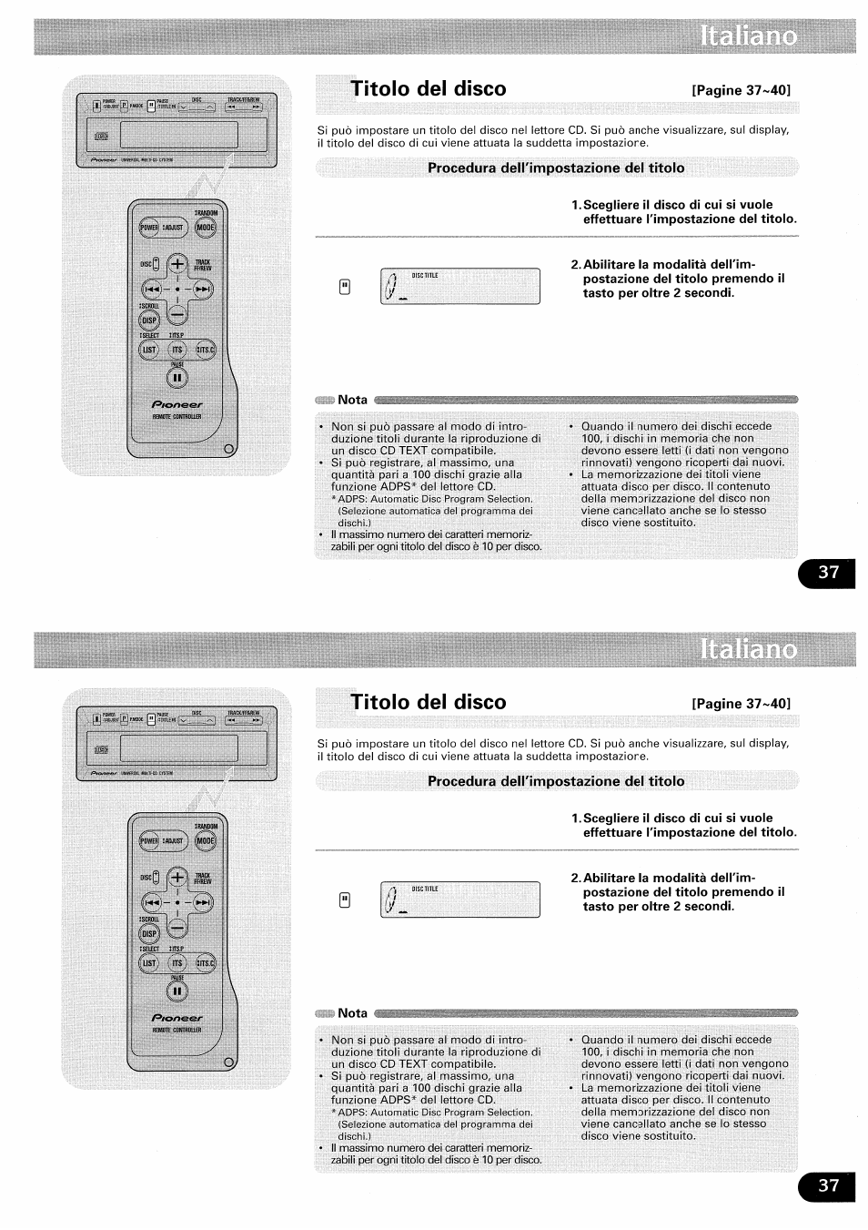 Titolo del disco, Titolo del disco -40 | Pioneer CDX-FM657 User Manual | Page 37 / 68