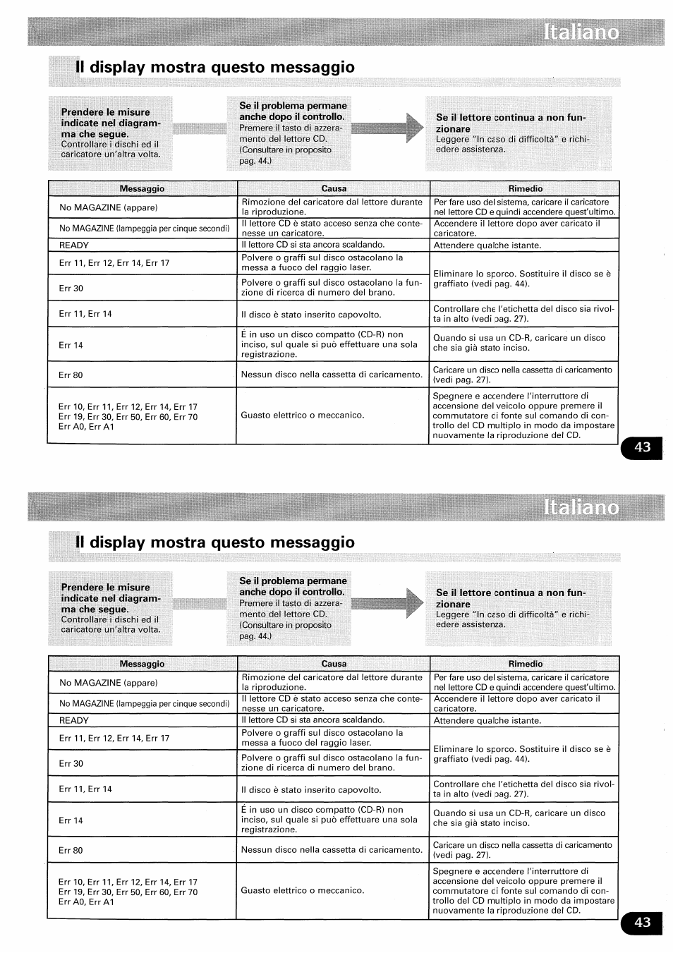 Il display mostra questo messaggio, Se il problema permane anche dopo il controllo | Pioneer CDX-FM657 User Manual | Page 43 / 68