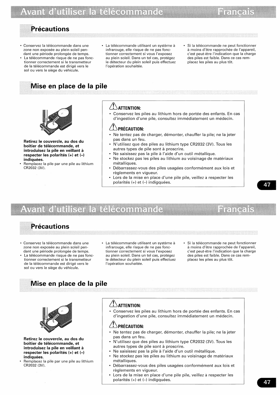 Précautions, Mise en place de la pile, Attention | Precaution, Precautions, Precauzioni | Pioneer CDX-FM657 User Manual | Page 47 / 68