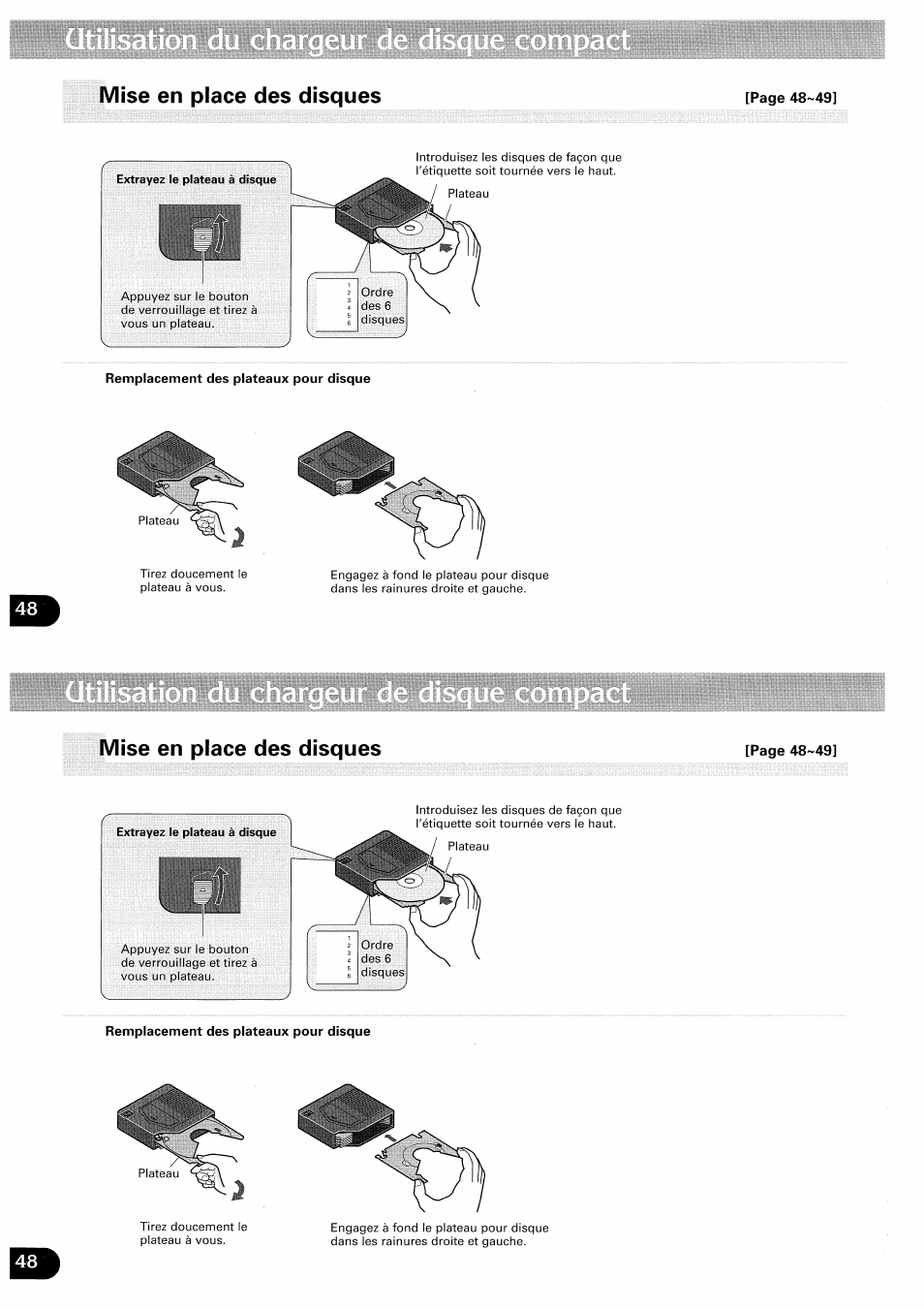 Mise en place des disques, Remplacement des plateaux pour disque, Mise en place des disques -49 | Pioneer CDX-FM657 User Manual | Page 48 / 68