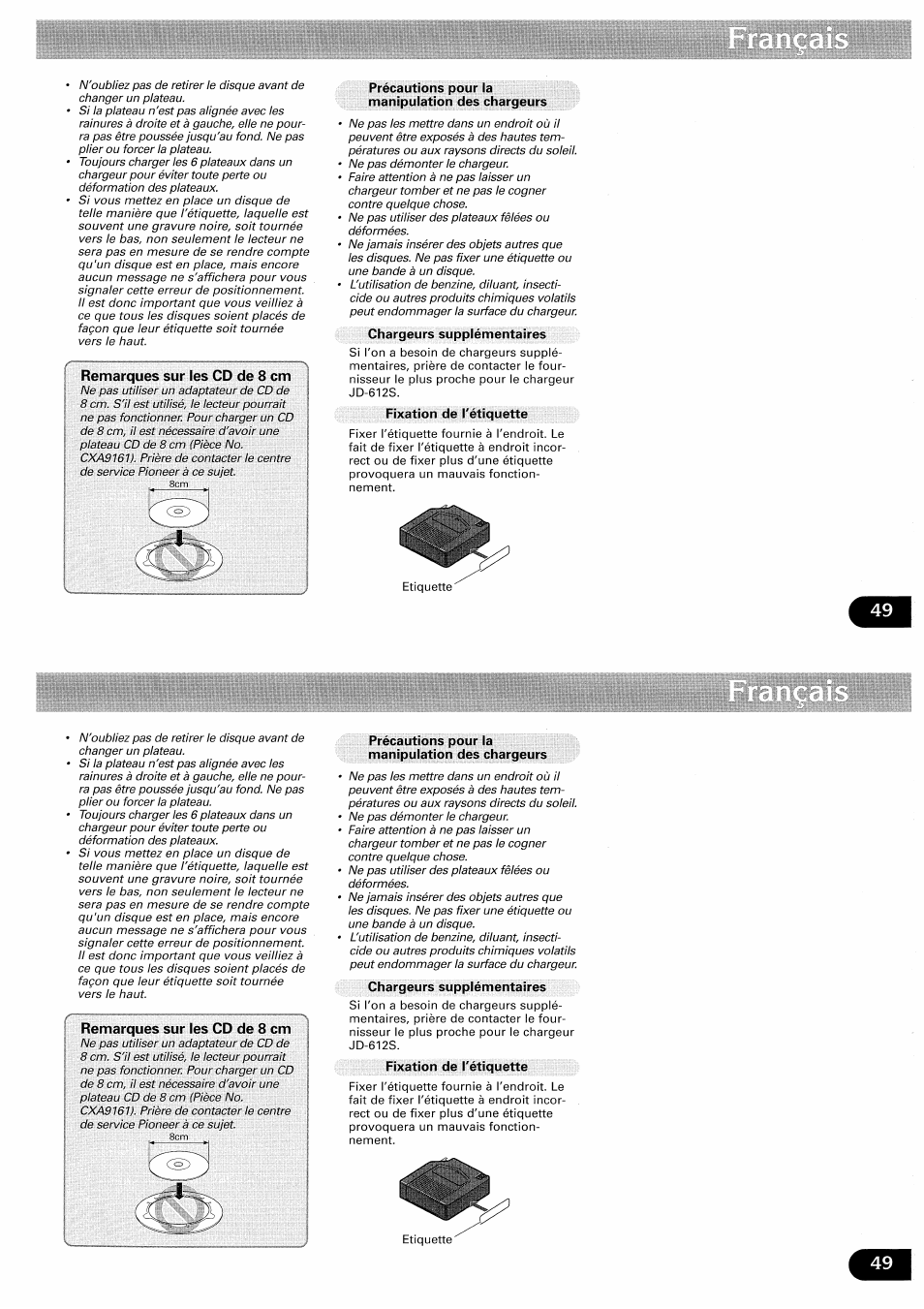 Précautions pour la manipulation des chargeurs, Chargeurs supplémentaires, Fixation de l'étiquette | Pioneer CDX-FM657 User Manual | Page 49 / 68