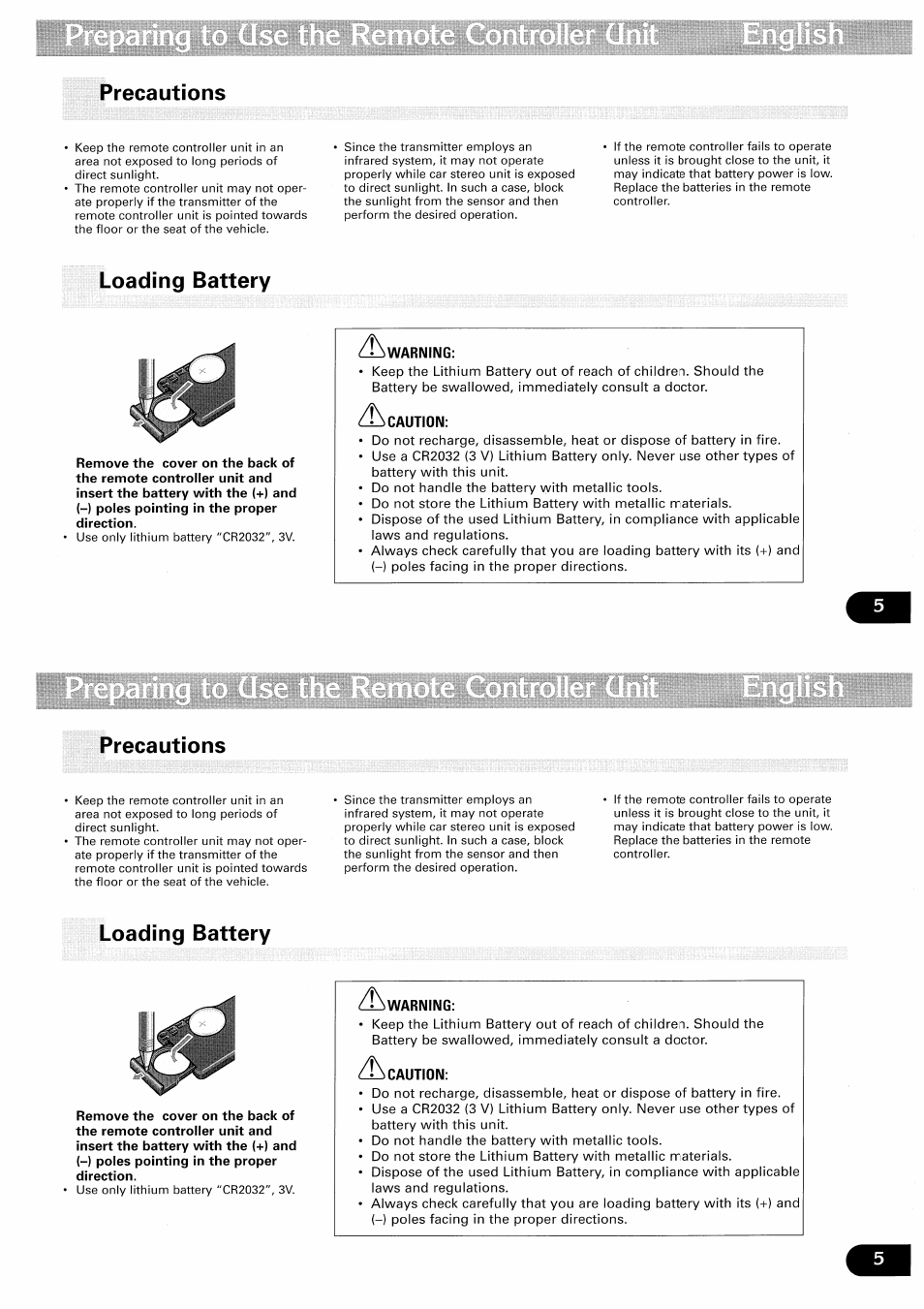 Precautions, Loading battery, Warning | Caution | Pioneer CDX-FM657 User Manual | Page 5 / 68