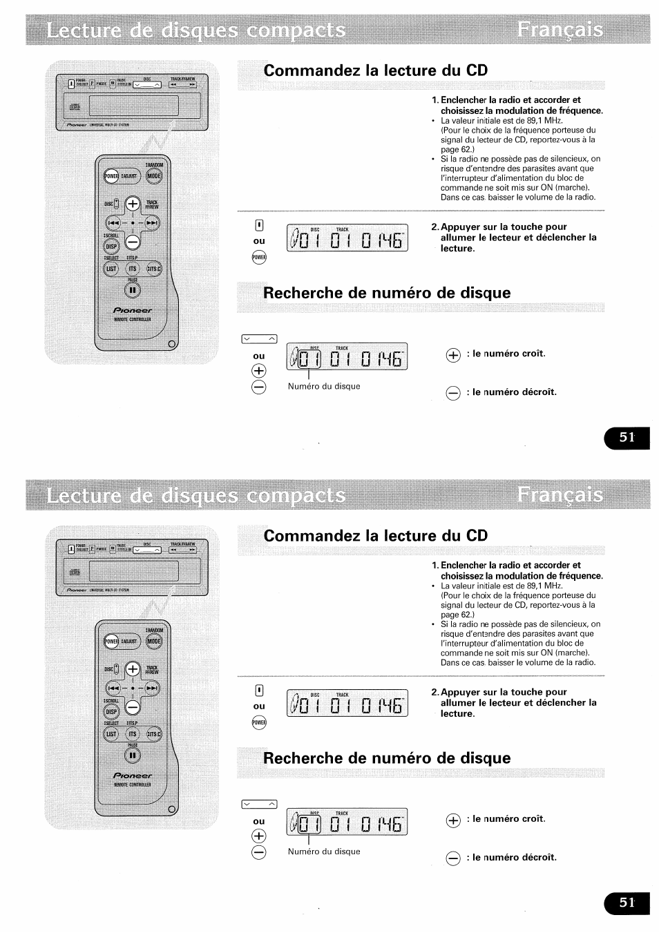 Commandez la lecture du cd, Recherche de numéro de disque | Pioneer CDX-FM657 User Manual | Page 51 / 68