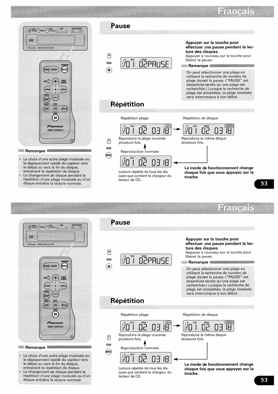 Pause, D i cepruse, Répétition | De g3 ie, G i geprg5e, G3 if, Ge g3 ie, D i cepruse répétition, I uc, G i geprg5e répétition | Pioneer CDX-FM657 User Manual | Page 53 / 68