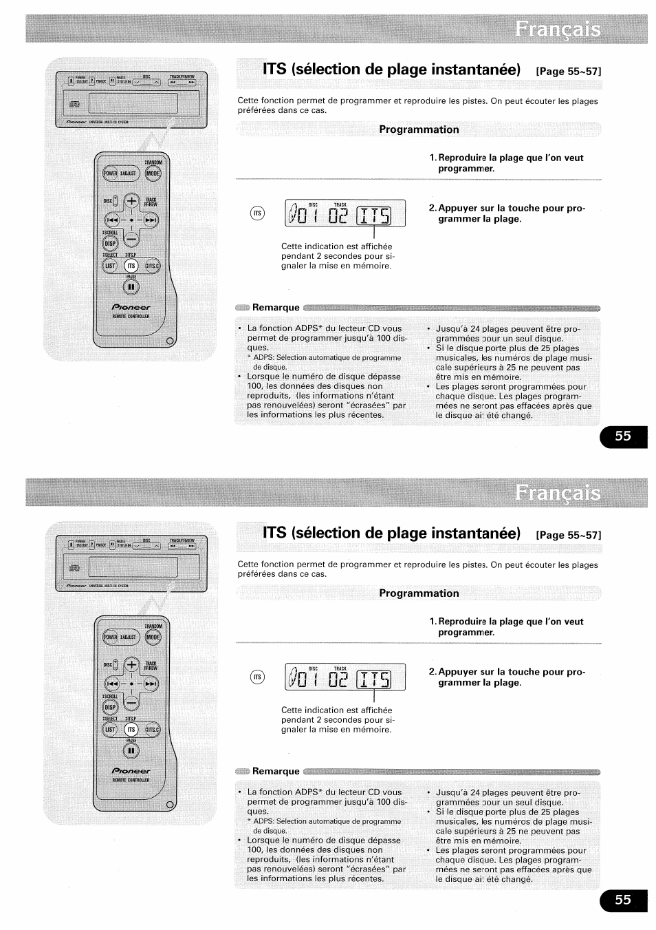 Remarque, Reproduire la plage que ton veut programmer, Appuyer sur la touche pour programmer la plage | Its (sélection de plage instantanée) -57, Its (sélection de plage instantanée) | Pioneer CDX-FM657 User Manual | Page 55 / 68