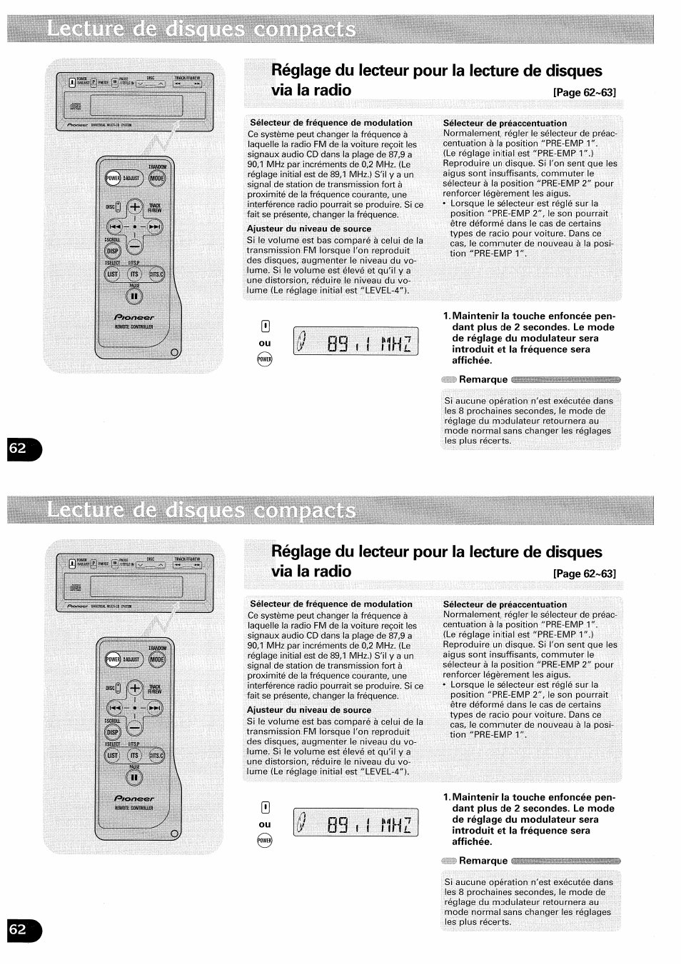 Réglage du lecteur pour la lecture de disques | Pioneer CDX-FM657 User Manual | Page 62 / 68