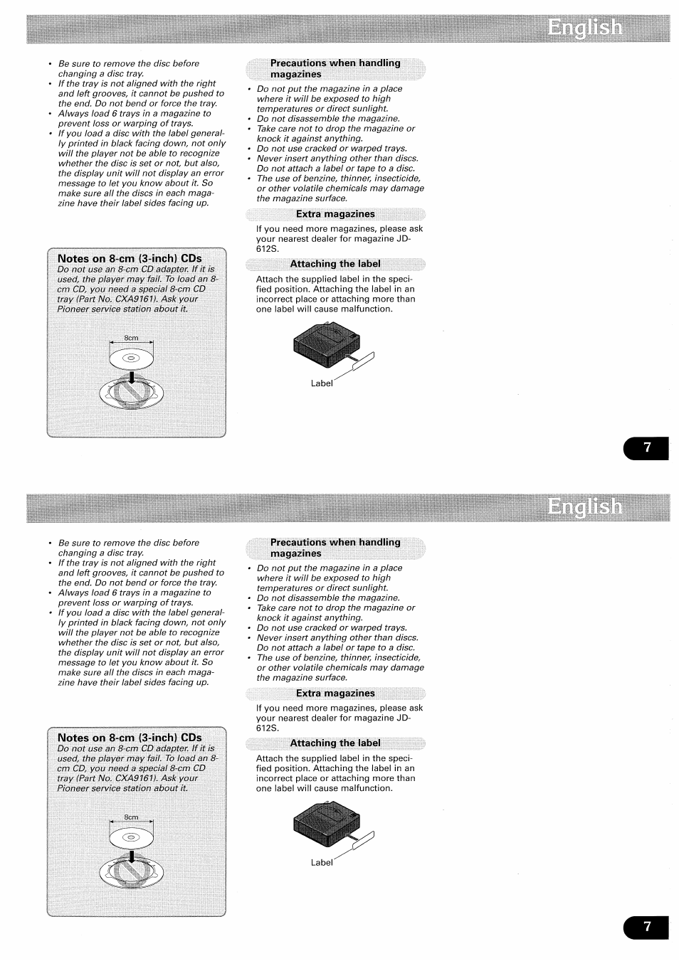 Precautions when handling magazines, Extra magazines, Attaching the label | Pioneer CDX-FM657 User Manual | Page 7 / 68