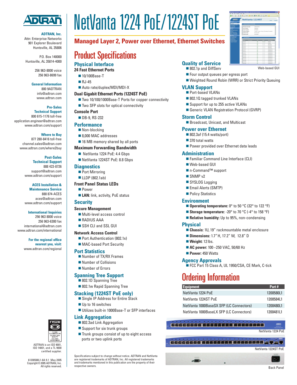 Product specifications, Ordering information, Physical interface | Performance, Diagnostics, Security, Port statistics, Spanning tree support, Stacking (1224st poe only), Link aggregation | ADTRAN NetVanta 1224ST PoE User Manual | Page 2 / 2