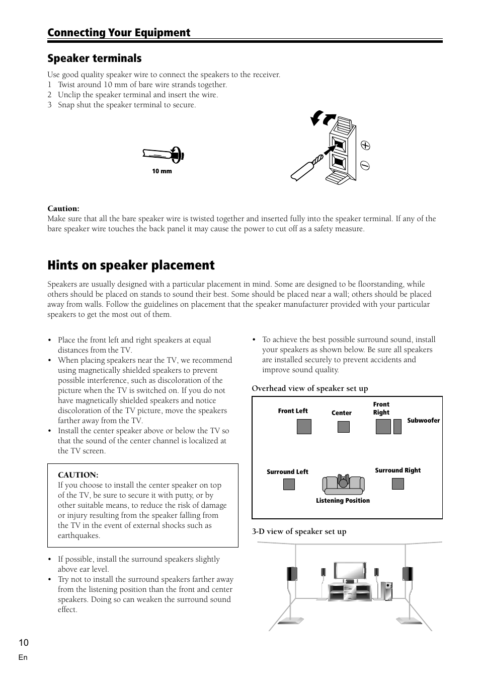 Hints on speaker placement 10, Hints on speaker placement, Connecting your equipment | Speaker terminals | Pioneer VSX-D510 User Manual | Page 10 / 40