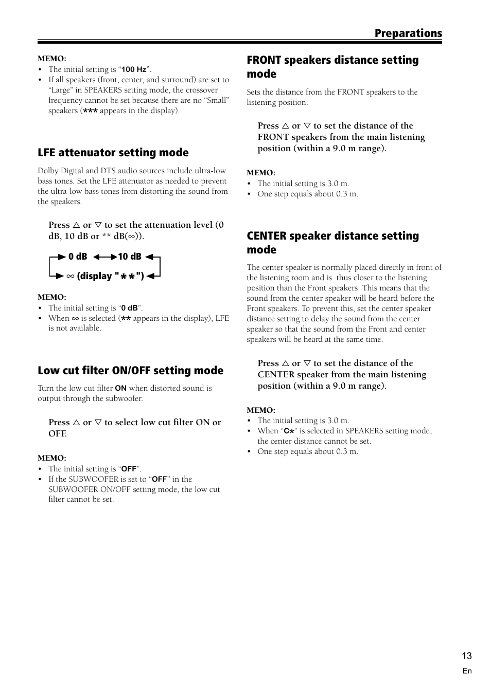 Lfe attenuator setting mode, Low cut filter on/off setting mode, Front speakers distance setting mode | Center speaker distance setting mode, Preparations | Pioneer VSX-D510 User Manual | Page 13 / 40