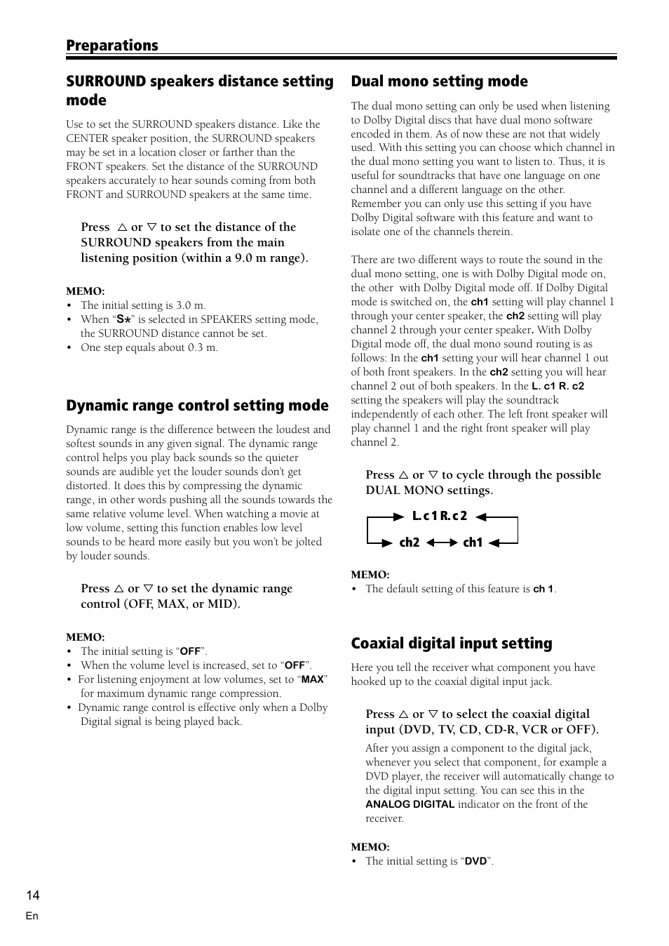 Surround speakers distance setting mode, Dynamic range control setting mode, Coaxial digital input setting | Dual mono setting mode, Preparations | Pioneer VSX-D510 User Manual | Page 14 / 40