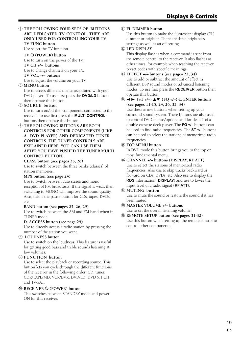 Displays & controls | Pioneer VSX-D510 User Manual | Page 19 / 40