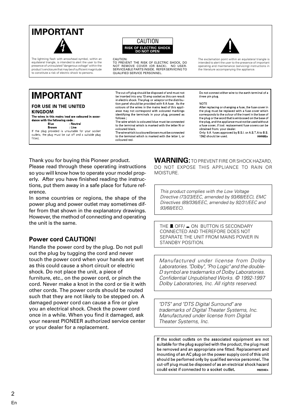 Important 1, Warning, Power cord caution | Pioneer VSX-D510 User Manual | Page 2 / 40
