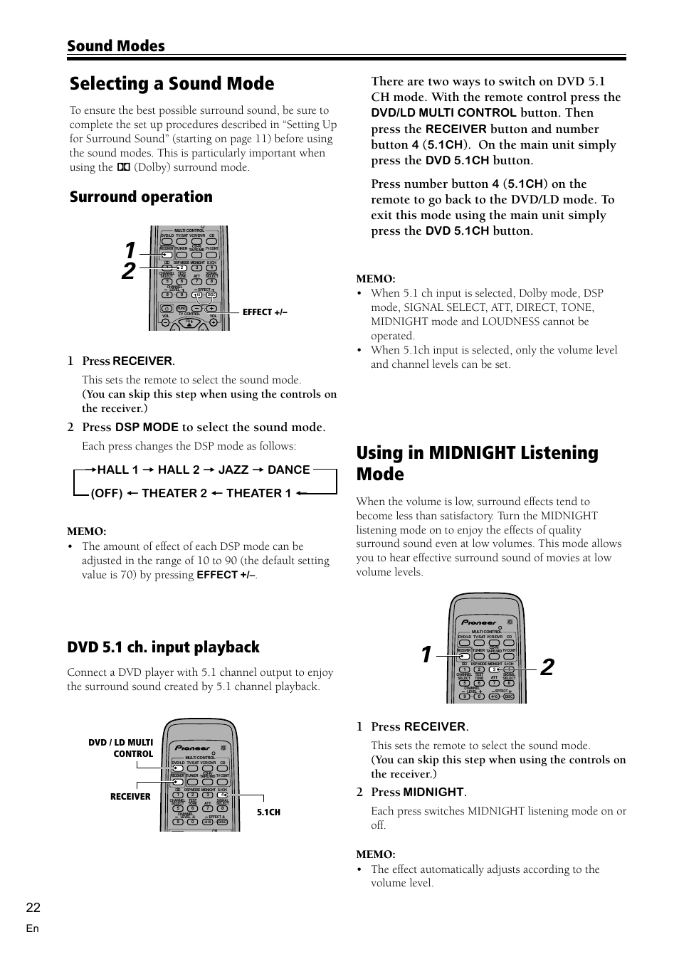 Selecting a sound mode 22, Using in midnight listening mode 22, Selecting a sound mode | Using in midnight listening mode, Dvd 5.1 ch. input playback, Surround operation, Sound modes, 1 press, 2 press, Button. then press the | Pioneer VSX-D510 User Manual | Page 22 / 40