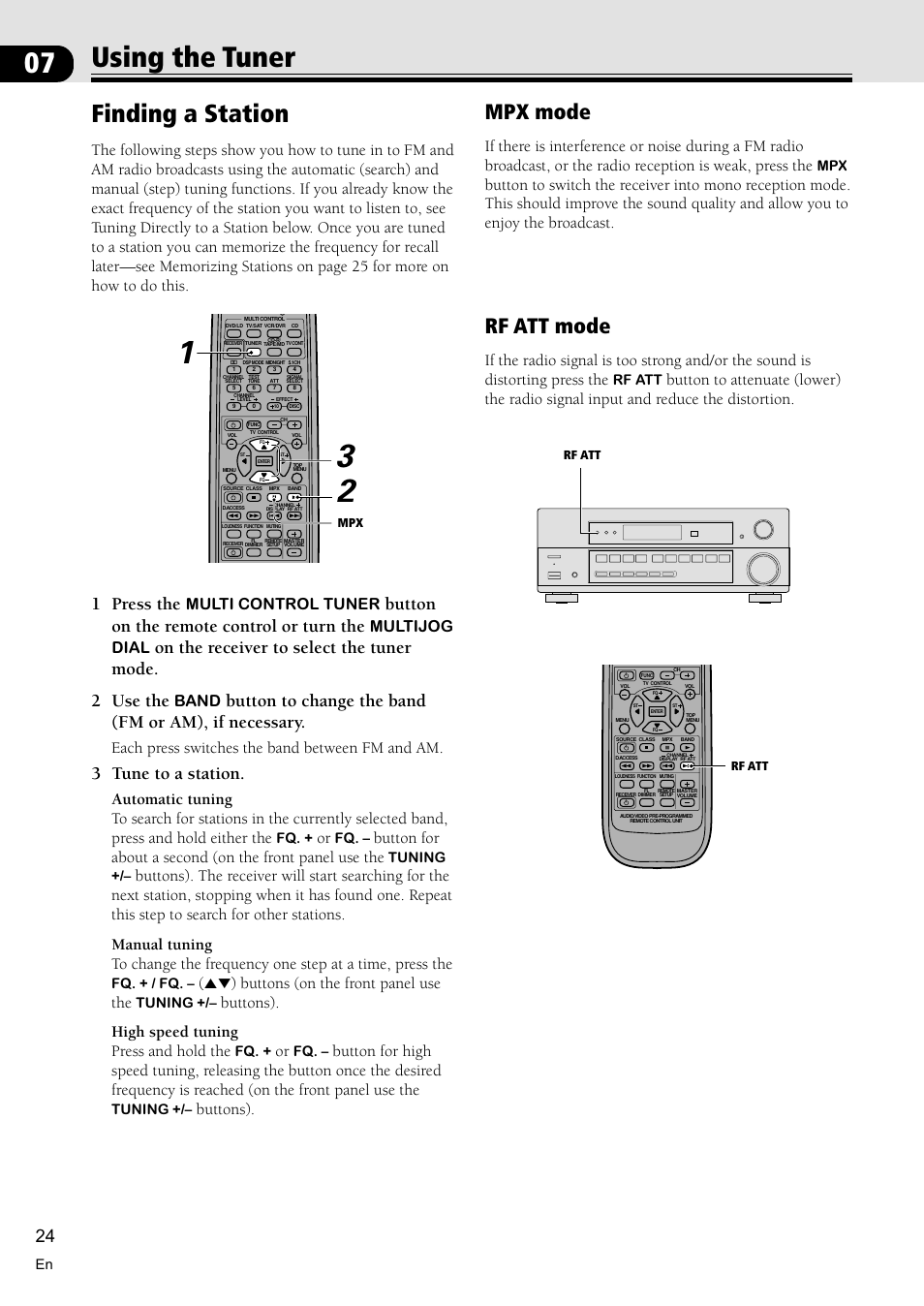 Using the tuner 24, Finding a station 24, Using the tuner | Finding a station, Rf att mode, Mpx mode, 1 press the, Button on the remote control or turn the, Button to change the band (fm or am), if necessary, 3 tune to a station | Pioneer VSX-D510 User Manual | Page 24 / 40