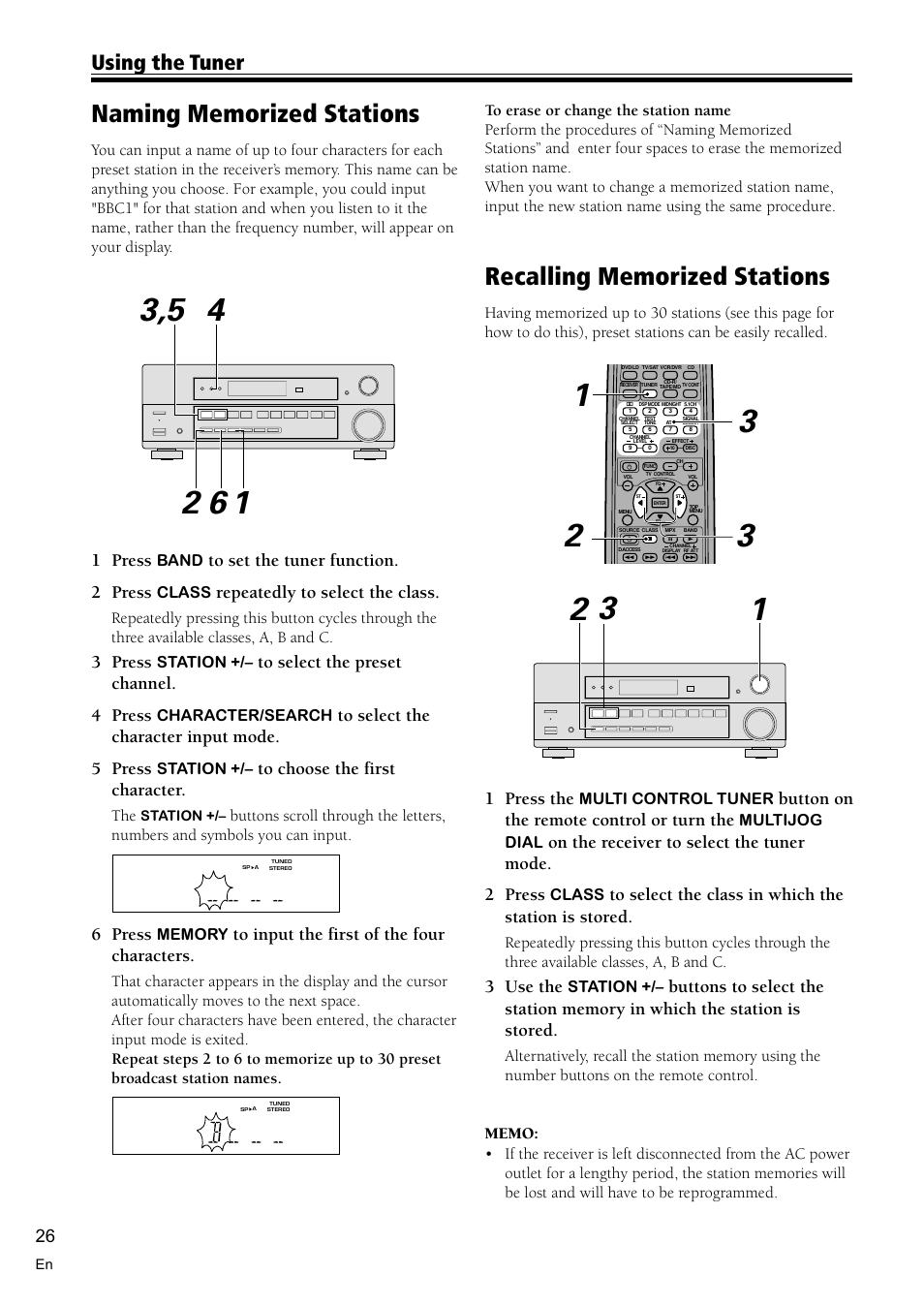 Naming memorized stations 26, Recalling memorized stations 26, Using the tuner | 1 press, Repeatedly to select the class, 3 press, 6 press, 1 press the, Button on the remote control or turn the, On the receiver to select the tuner mode. 2 press | Pioneer VSX-D510 User Manual | Page 26 / 40