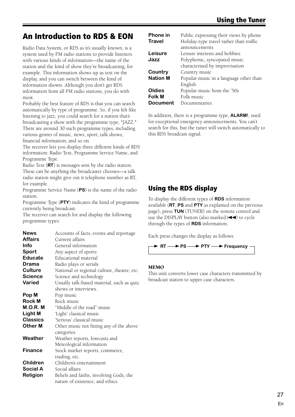 An introduction to rds & eon 27, An introduction to rds & eon, Using the tuner using the rds display | Pioneer VSX-D510 User Manual | Page 27 / 40