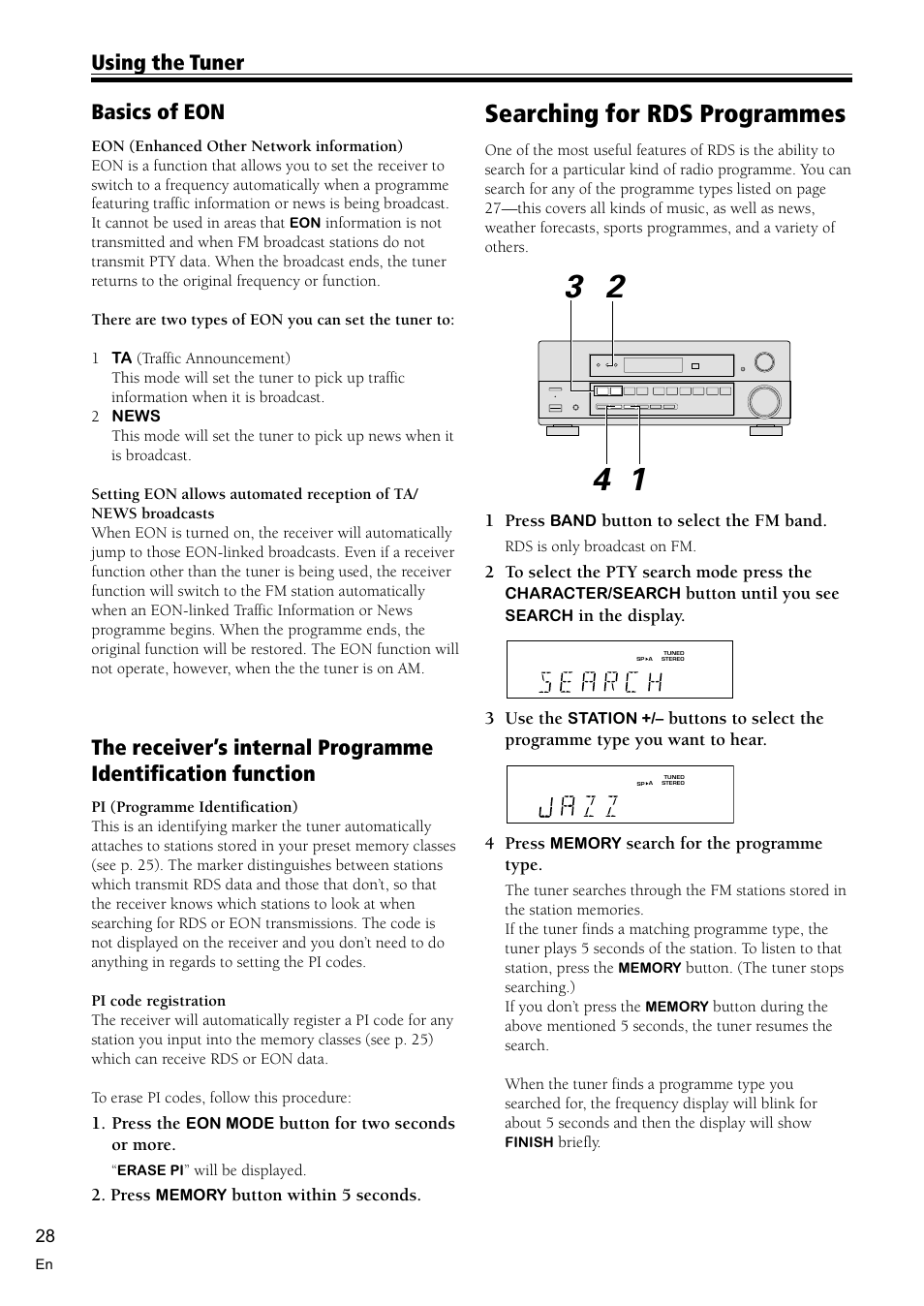 Searching for rds programmes 28, Searching for rds programmes, Using the tuner basics of eon | Pioneer VSX-D510 User Manual | Page 28 / 40