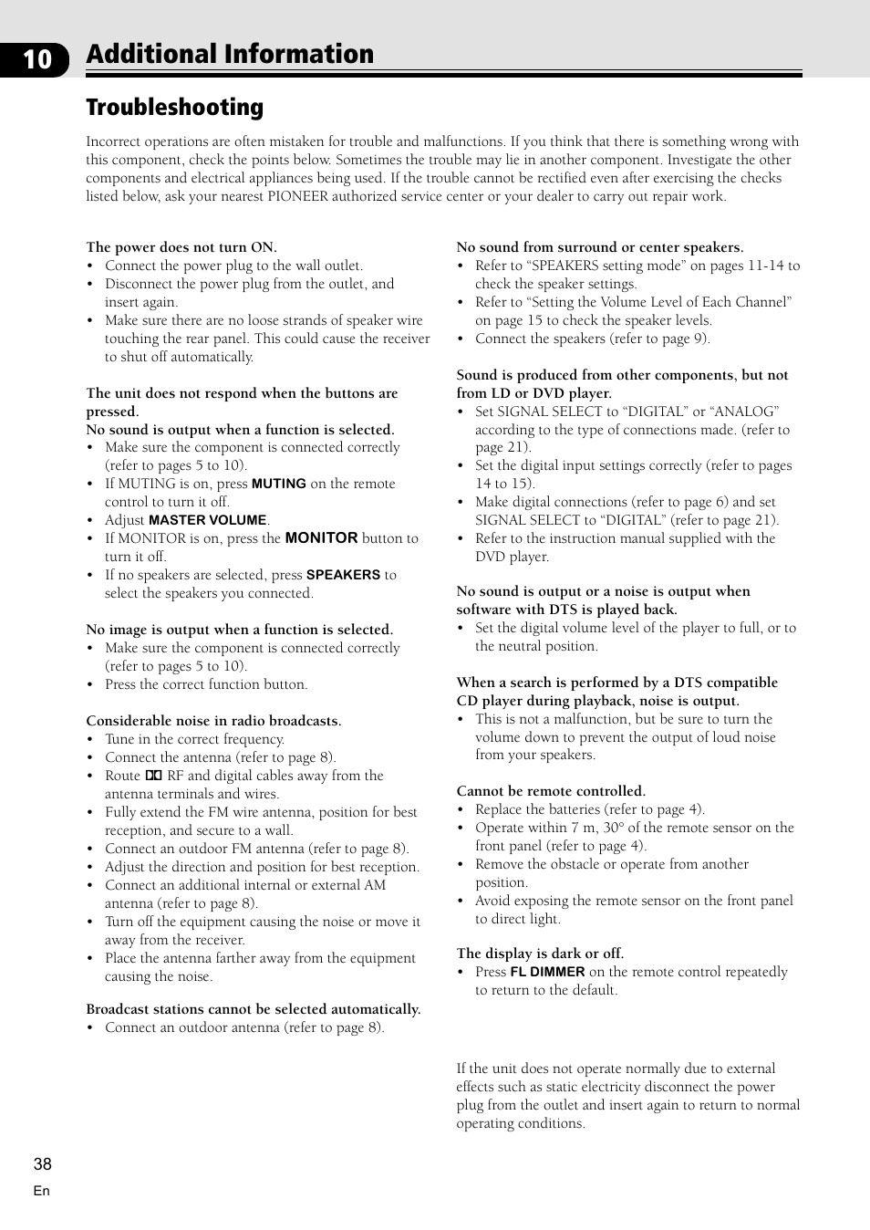 Additional information 38, Troubleshooting 38, 10 additional information | Troubleshooting | Pioneer VSX-D510 User Manual | Page 38 / 40