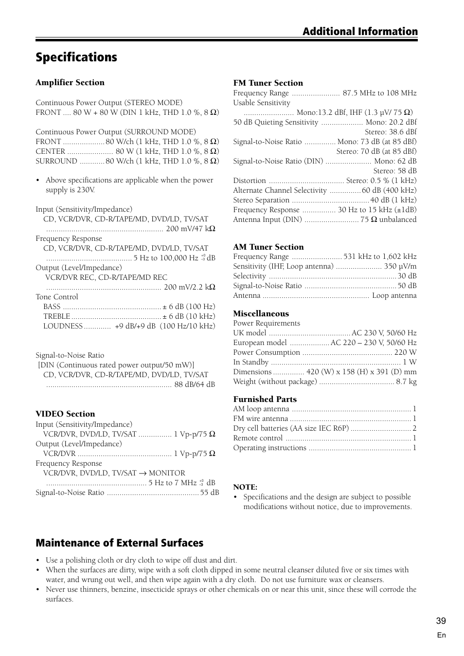 Specifications 39, Specifications, Additional information | Maintenance of external surfaces | Pioneer VSX-D510 User Manual | Page 39 / 40