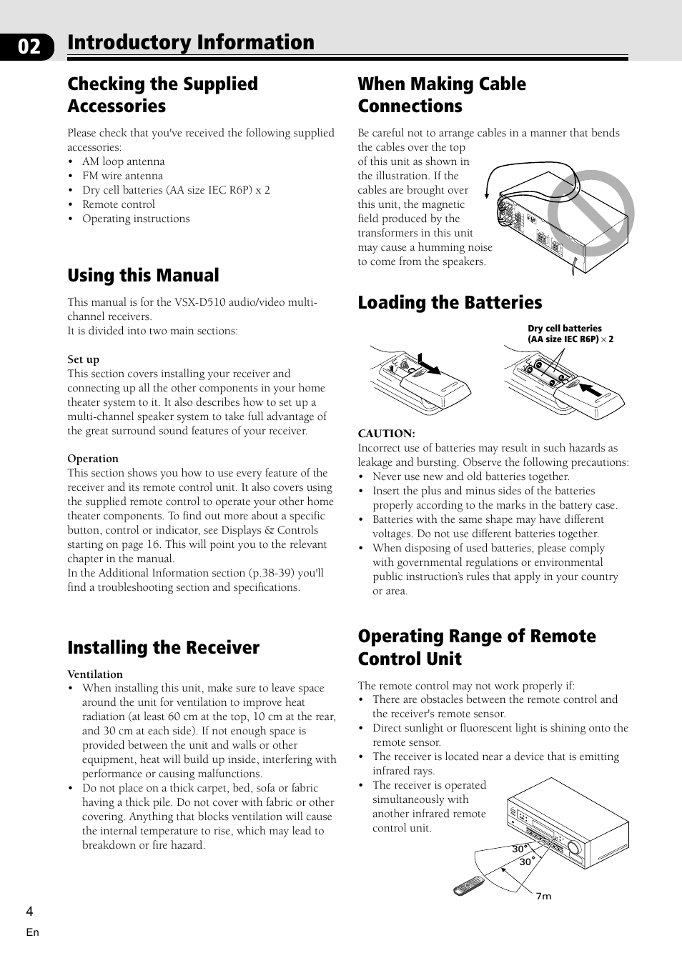 Introductory information 4, Checking the supplied accessories 4, Using this manual 4 | Installing the receiver 4, When making cable connections 4, Loading the batteries 4, Operating range of remote control unit 4, 02 introductory information, Checking the supplied accessories, Using this manual | Pioneer VSX-D510 User Manual | Page 4 / 40