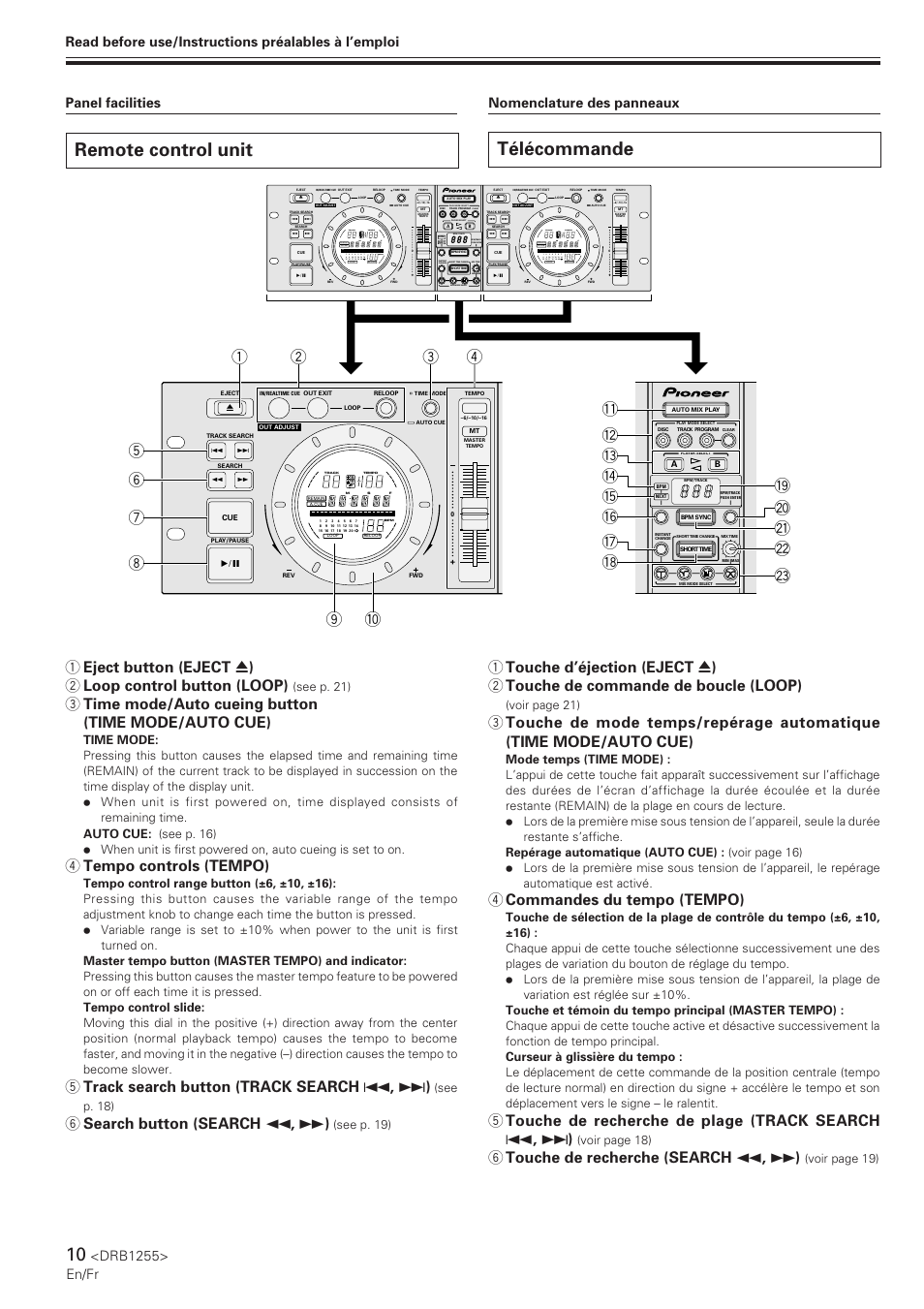 Remote control unit, Télécommande, 4 tempo controls (tempo) | 5 track search button (track search 4 , ¢ ), 6 search button (search 1 , ¡ ), 4 commandes du tempo (tempo), 6 touche de recherche (search 1 , ¡ ), Drb1255> en/fr, Track, Ms f | Pioneer CMX-5000 User Manual | Page 10 / 104