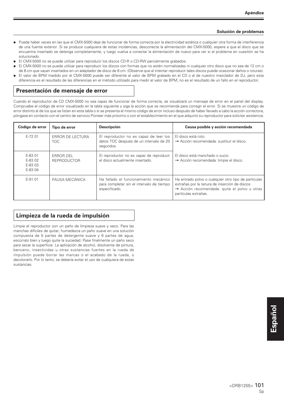 Presentación de mensaje de error, Limpieza de la rueda de impulsión, Nederlands español | Pioneer CMX-5000 User Manual | Page 101 / 104