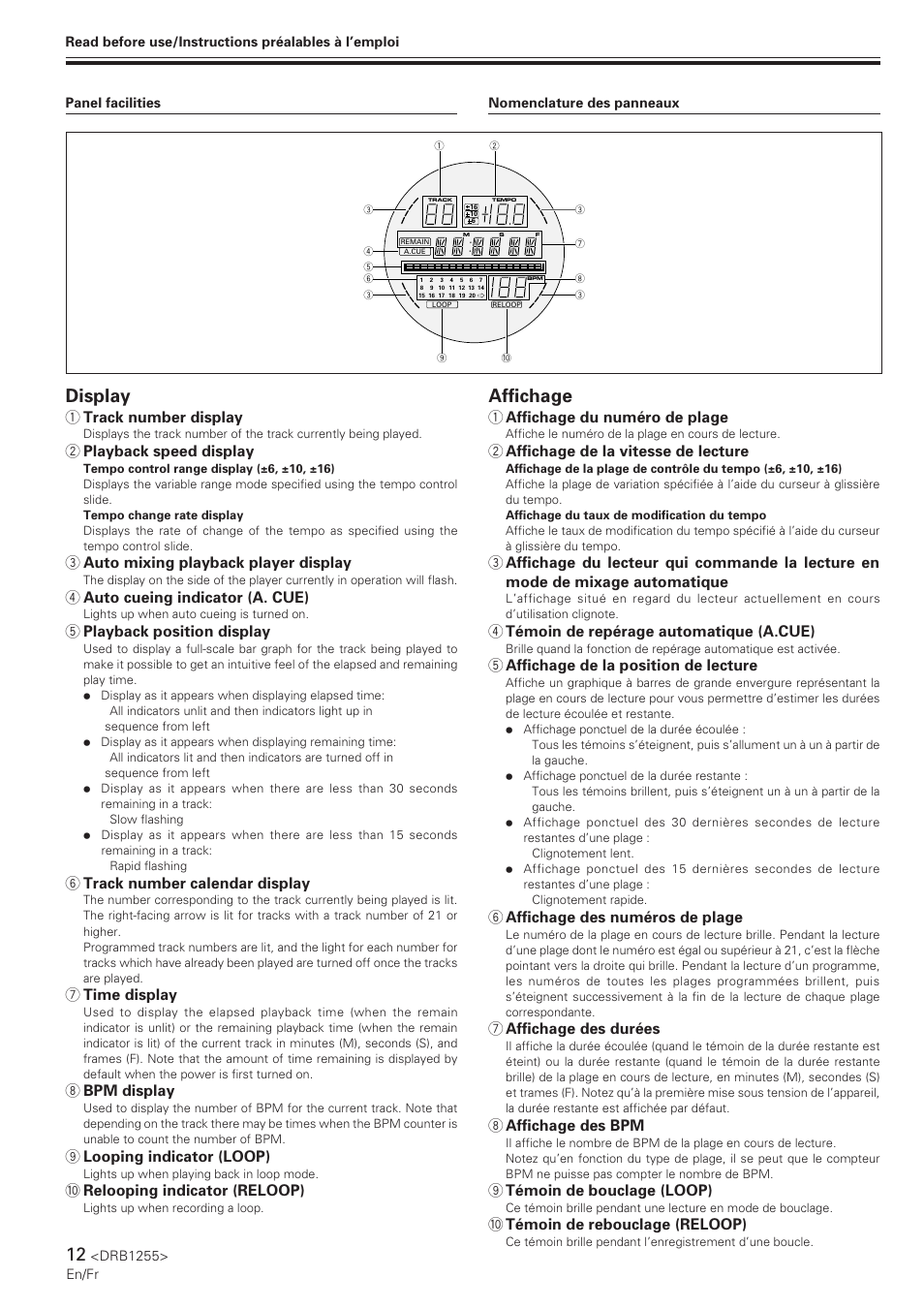 Display, Affichage, 1 track number display | 2 playback speed display, 3 auto mixing playback player display, 4 auto cueing indicator (a. cue), 5 playback position display, 6 track number calendar display, 7 time display, 8 bpm display | Pioneer CMX-5000 User Manual | Page 12 / 104