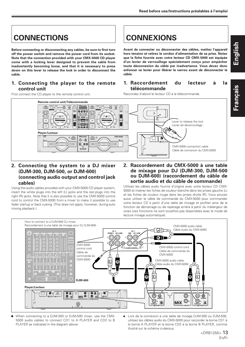 Connections, Connexions, English français | Connecting the player to the remote control unit, Raccordement du lecteur à la télécommande, Drb1255, En/fr, Read before use/instructions préalables à l’emploi, Ab mix, Raccordez d’abord le lecteur cd à la télécommande | Pioneer CMX-5000 User Manual | Page 13 / 104