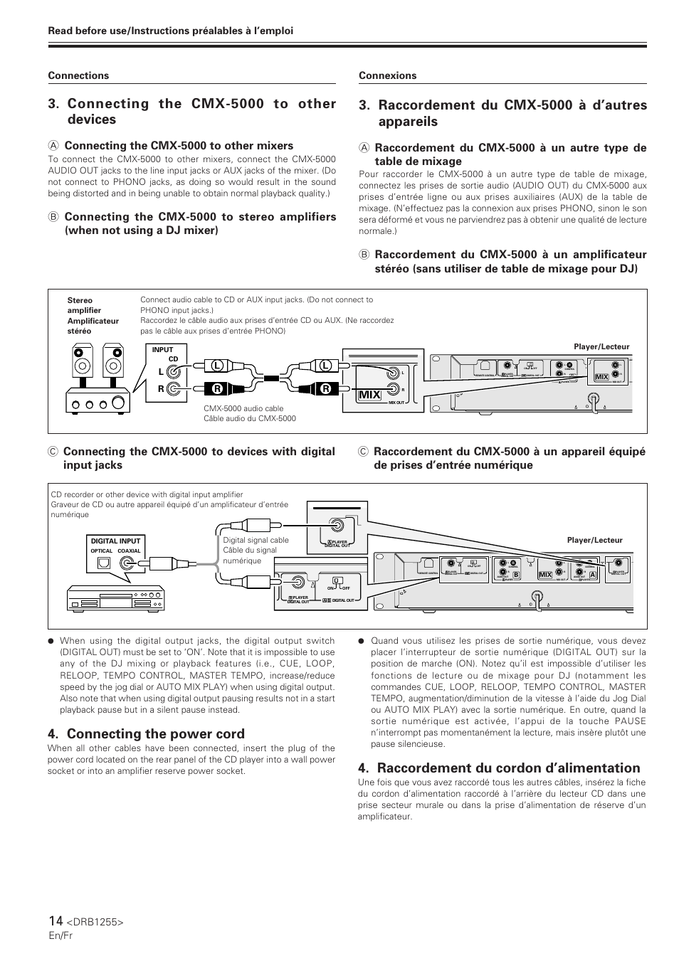 Connecting the power cord, Raccordement du cordon d’alimentation, Raccordement du cmx-5000 à d’autres appareils | Connecting the cmx-5000 to other devices, A connecting the cmx-5000 to other mixers, Drb1255> en/fr, Read before use/instructions préalables à l’emploi, Connections connexions | Pioneer CMX-5000 User Manual | Page 14 / 104