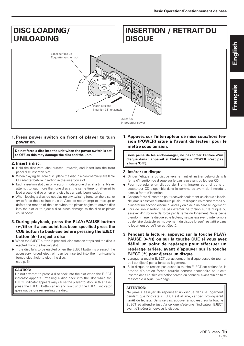 Disc loading/unloading, Insertion/retrait du disque, Disc loading/ unloading | Insertion / retrait du disque, English français, Insert a disc, Insérer un disque | Pioneer CMX-5000 User Manual | Page 15 / 104