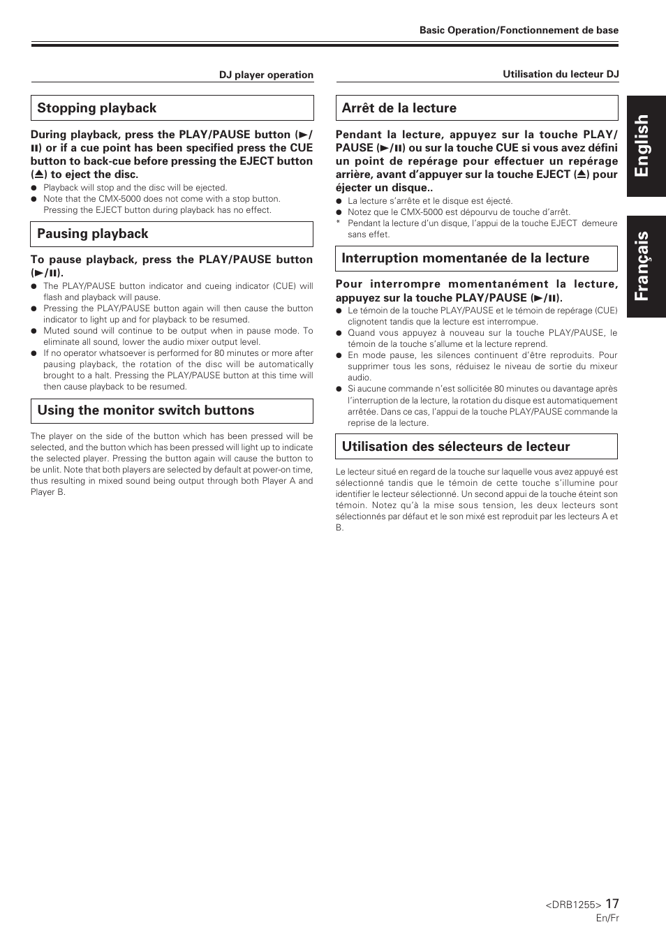 Stopping playback, Pausing playback, Using the monitor switch buttons | Arrêt de la lecture, Interruption momentanée de la lecture, Utilisation des sélecteurs de lecteur, English français | Pioneer CMX-5000 User Manual | Page 17 / 104